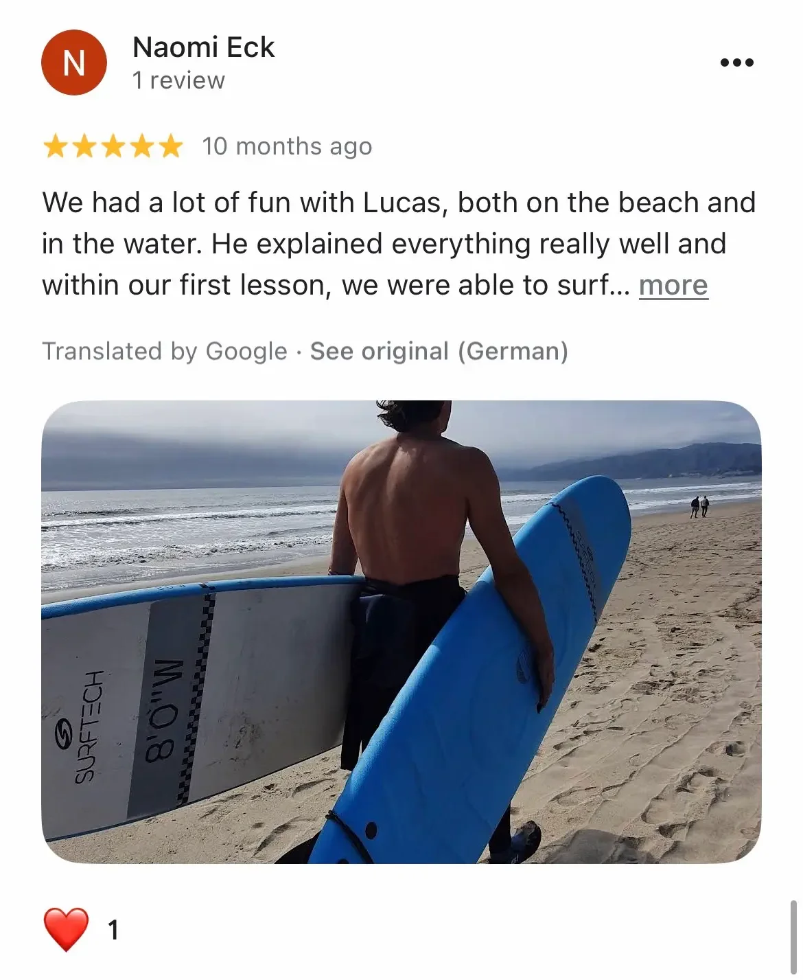 Five-star Google review naming Calibunga the best surf school in Santa Monica California