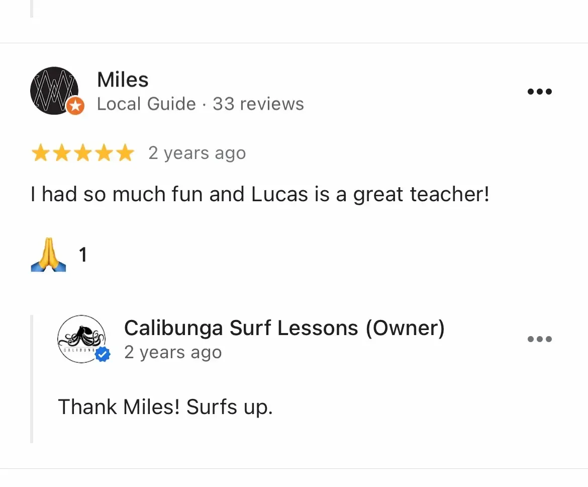5-star review from an intermediate surfer who improved quickly with Calibunga