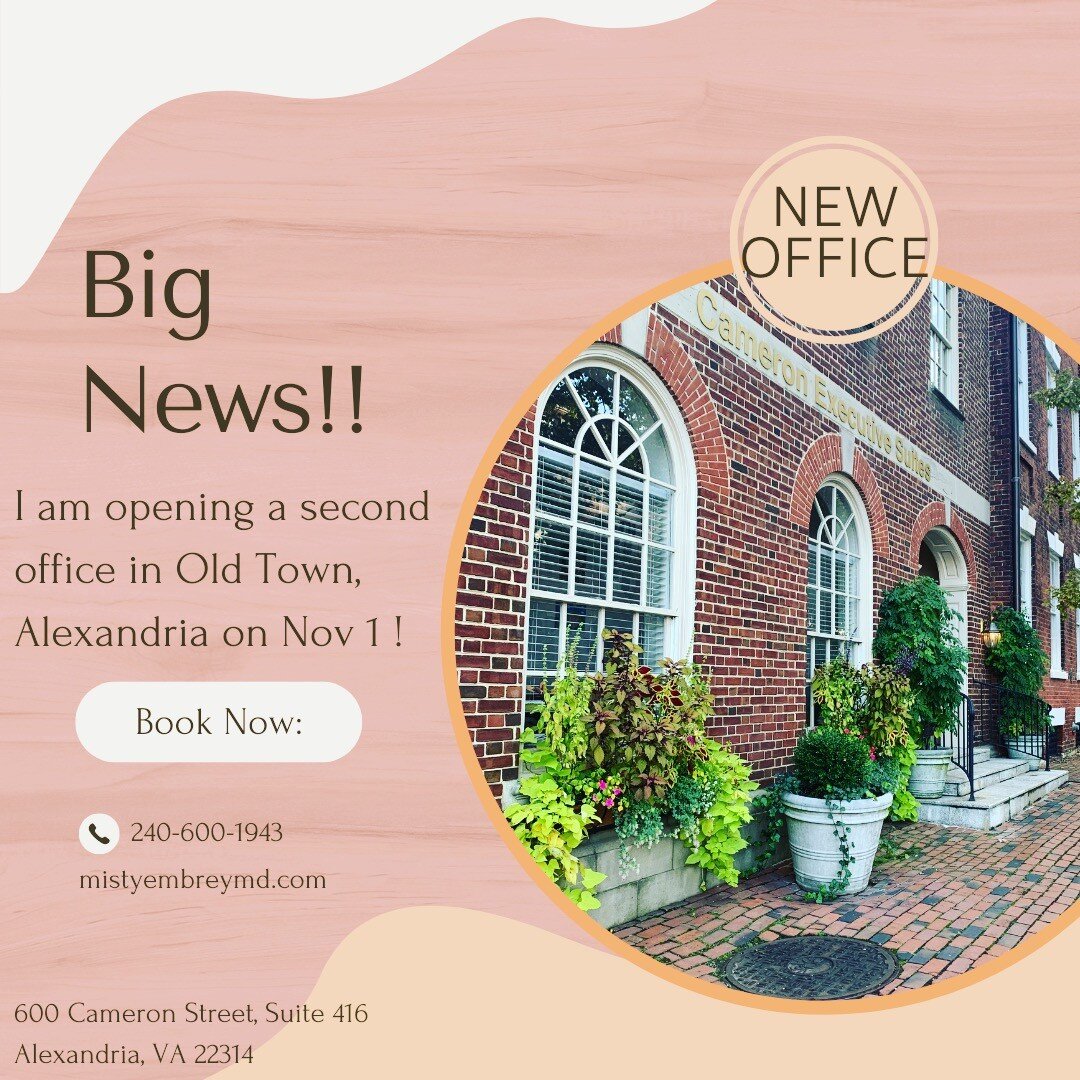 In addition to my office at the GW Center for Integrative Medicine in Washington, DC I am opening a second location in Old Town, Alexandria. 

The pandemic has certainly taken a toll on mental health treatment, and I want to expand my in person integ