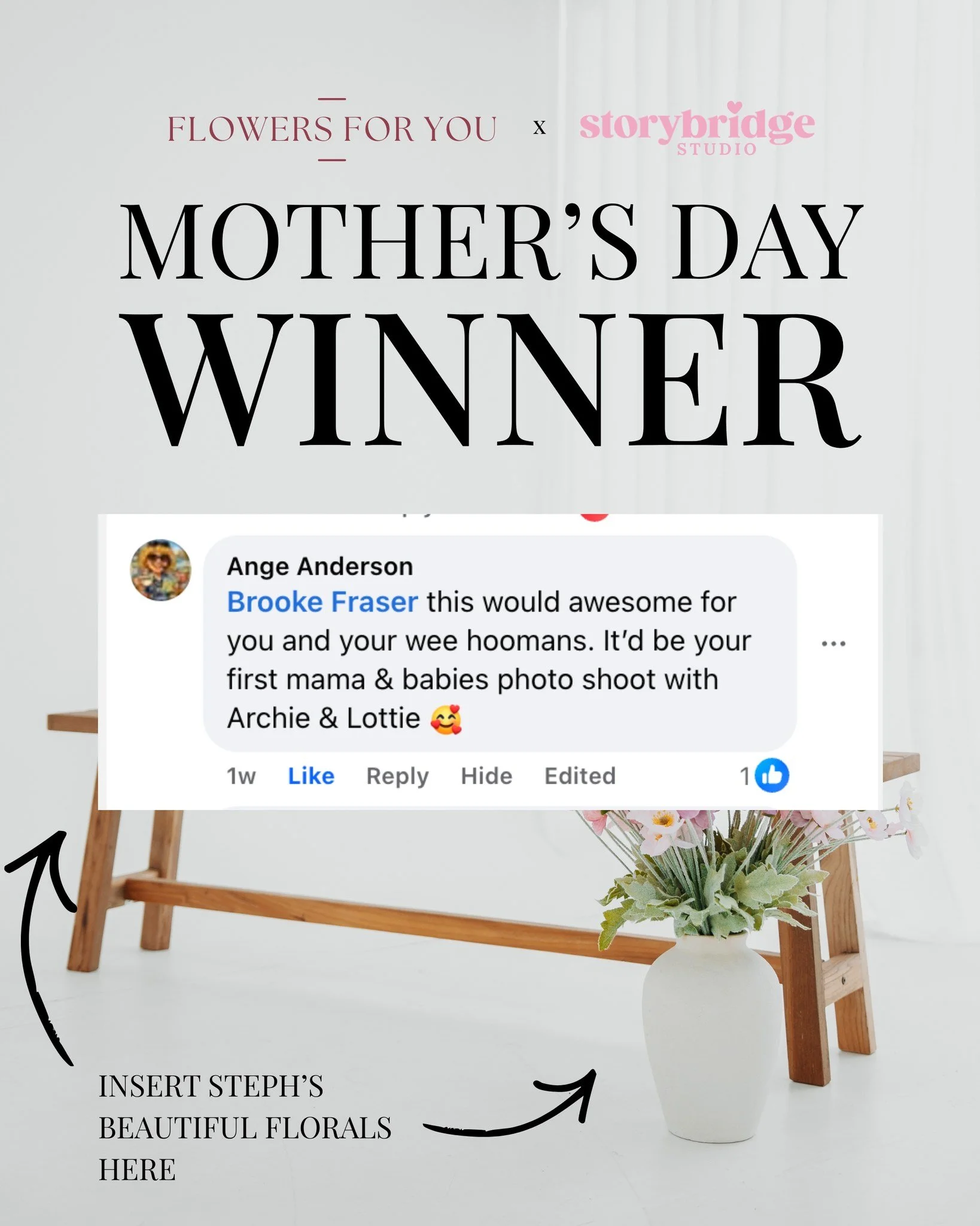 And the winner is... 🌸🤍

A huge congratulations to Ange Anderson, who has won our Mother&rsquo;s Day giveaway with Storybridge Studio and Flowers For You! 

Ange has won:
🌸 a Mother&rsquo;s Day Mini Session with Storybridge Studio
🌸 a beautiful p