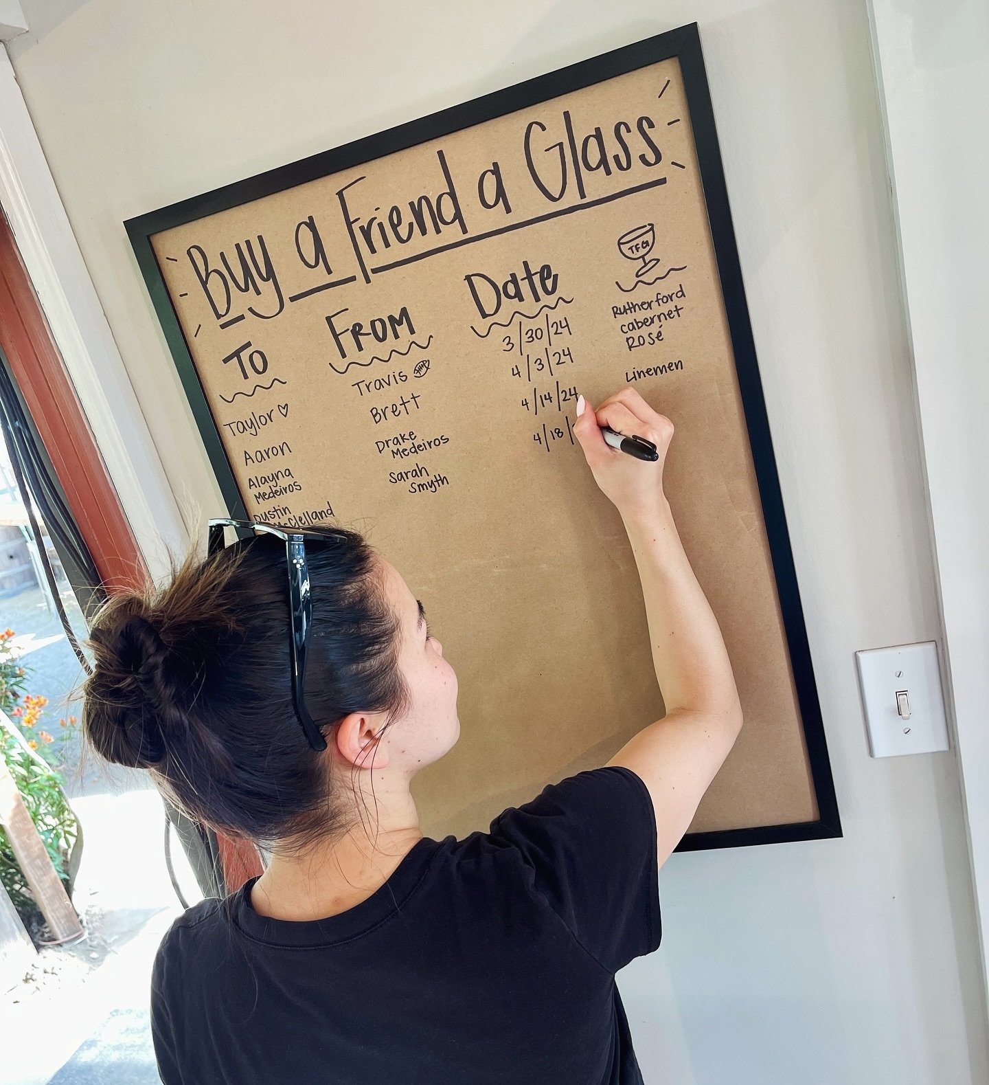 The &ldquo;Buy a Friend a Glass&rdquo; board is officially up at the tasting room and is already a big hit! Next time you&rsquo;re in the tasting room be sure to leave a drink for your friend, colleague, spouse, family member, or fellow club member. 