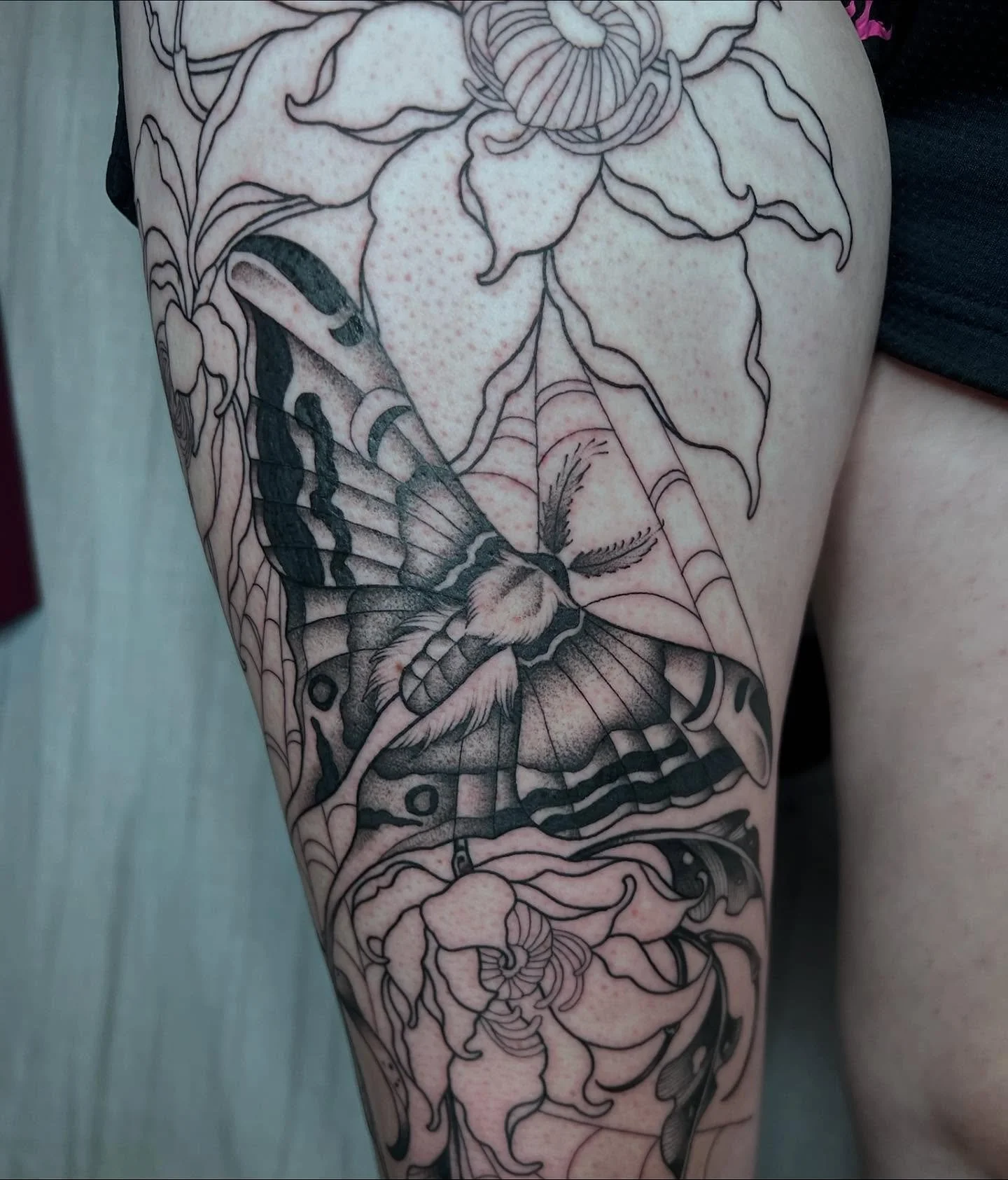Off to a great start with this thigh piece! 🕸️

Books are open for October and November!📖
- 
#mntattooers #mnfemaletattooartist #blackandgreytattoo #blackandgreyartist #minneapolis #uptownminneapolis #tattoo #thightattoo #mothtattoo