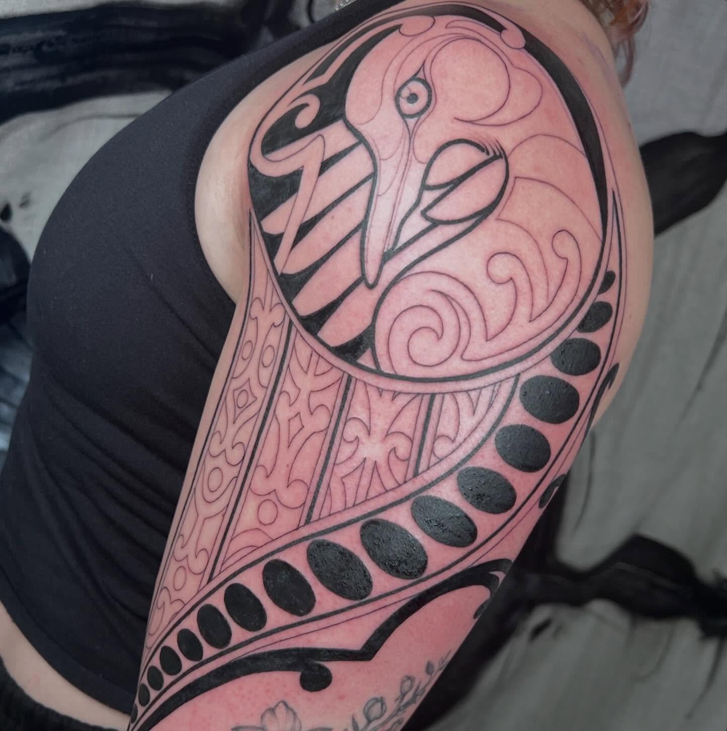 A stained glass inspired loon 🖤 I love this piece and cannot wait to finish it! 

Books are open for December!❄️

DM to book or click the link in my bio!🔗

-
#mnfemaletattooartist #blackandgreytattoo #stainedglasstattoo