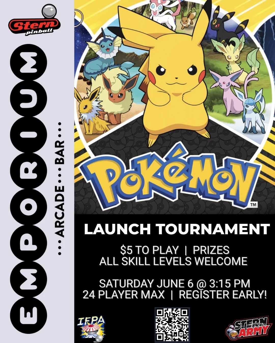 🚀 Pok&eacute;mon is coming to Emporium! Join us for the launch party tournament on Saturday, June 6 @ 3:15pm. Register with the QR code or link in bio. 

📃 Bring $5 to enter and grab tokens at the bar. There will be a bunch of prizes, a trophy for 