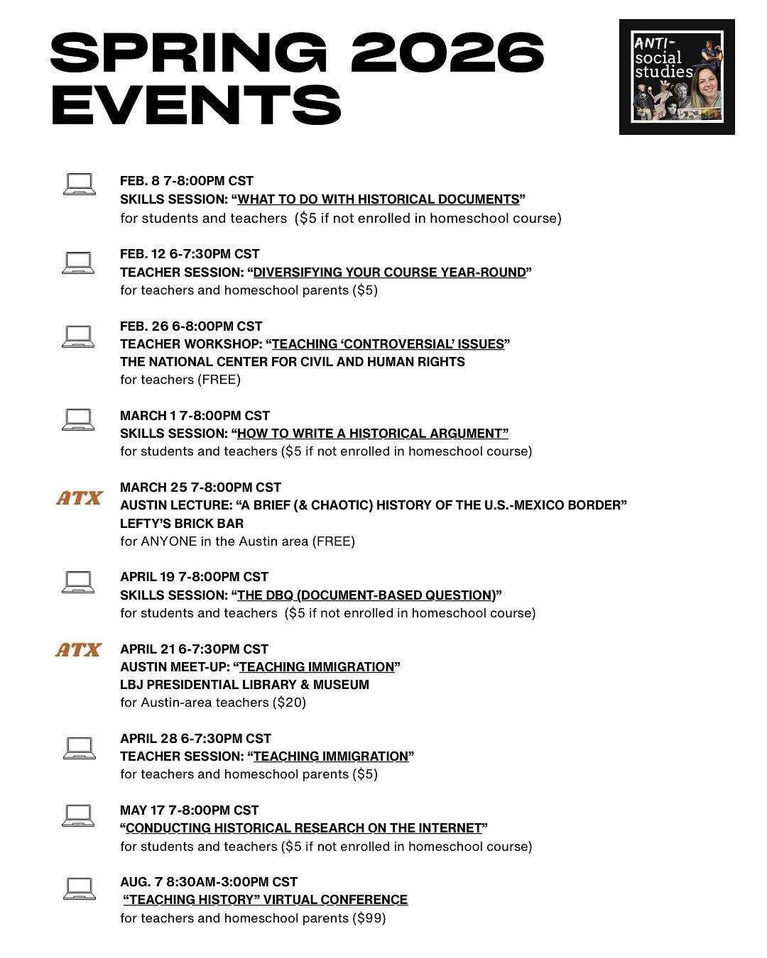 My New Years Resolution was MORE live events so let&rsquo;s do it! I&rsquo;ve got something for everyone: teacher meet ups (in ATX and on Zoom,) student skills sessions, live lectures, and even a full-day virtual teachers&rsquo; conference! Save thes