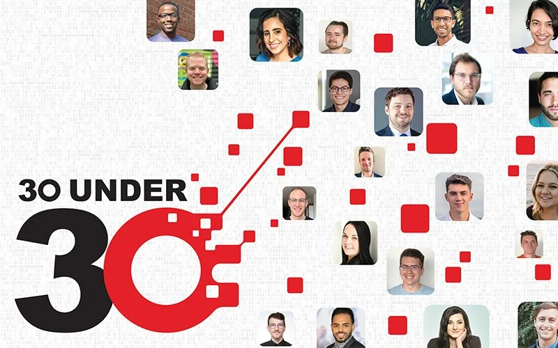 "30 Under 30" text with scattered headshots of young adults on a white background with red squares.