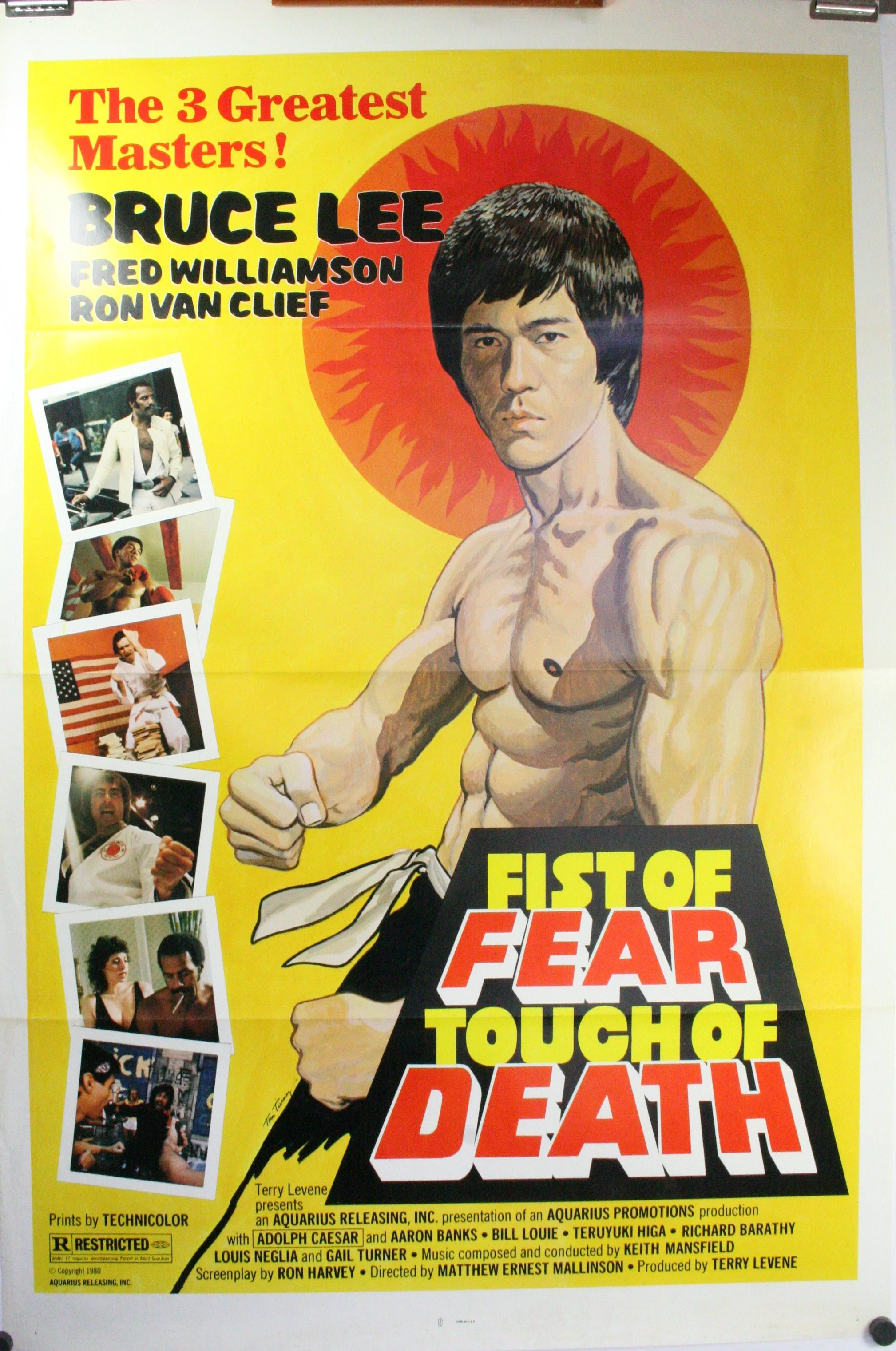 A vintage movie poster for 'Fist of Fear Touch of Death' featuring Bruce Lee. The poster is yellow with an illustration of Bruce Lee muscle-shirtless, with a red and orange halo behind his head. Several smaller photographs of Bruce Lee and other acto