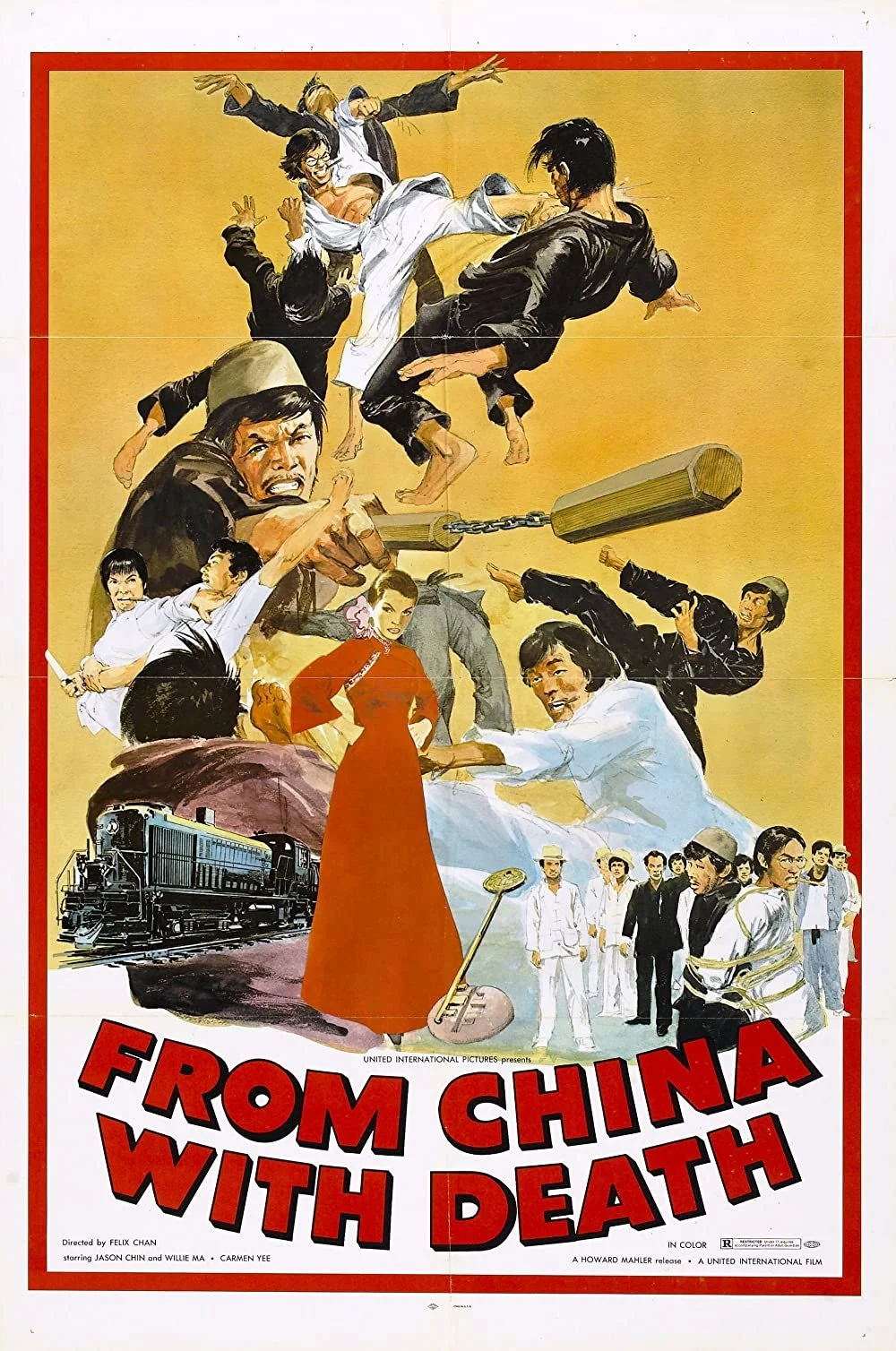 Vintage movie poster for "From China With Death" featuring a collage of martial arts scenes, a train, and characters in traditional and Asian attire.