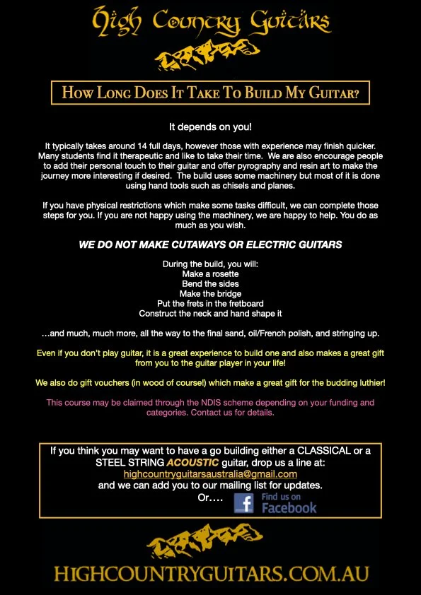 Flyer for High Country Guitars detailing custom guitar building process, timelines, and gift vouchers, with contact info and Facebook link.