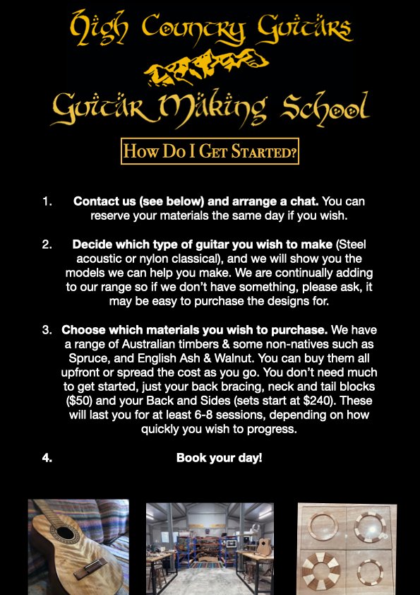 Information about starting a guitar making school, including contact instructions, material choices, and session details, with three photos of guitars, a workshop, and circular wooden parts.