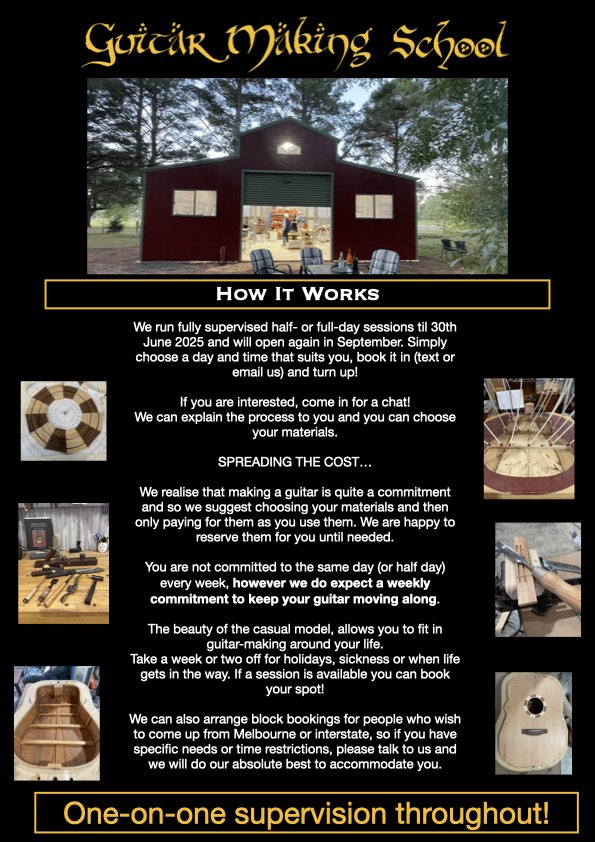 Poster for Guitar Making School with details on how it works, including supervised sessions, booking options, and accommodation for delays, featuring images of guitar parts and a workshop.