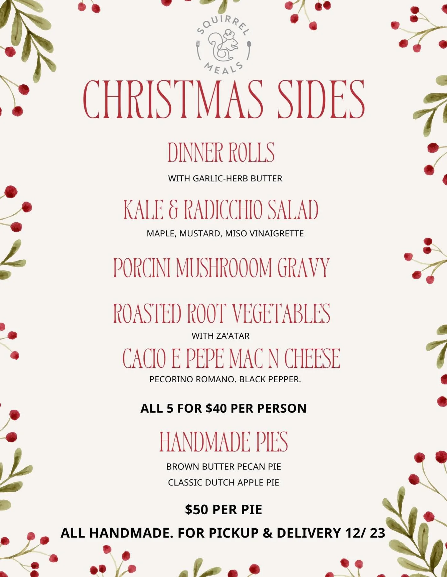 In case you haven&rsquo;t heard, we are offering Christmas Sides &amp; Pies instead of weekly meals for December 23rd pick up or delivery! Pre-order today via the holiday store on our website.