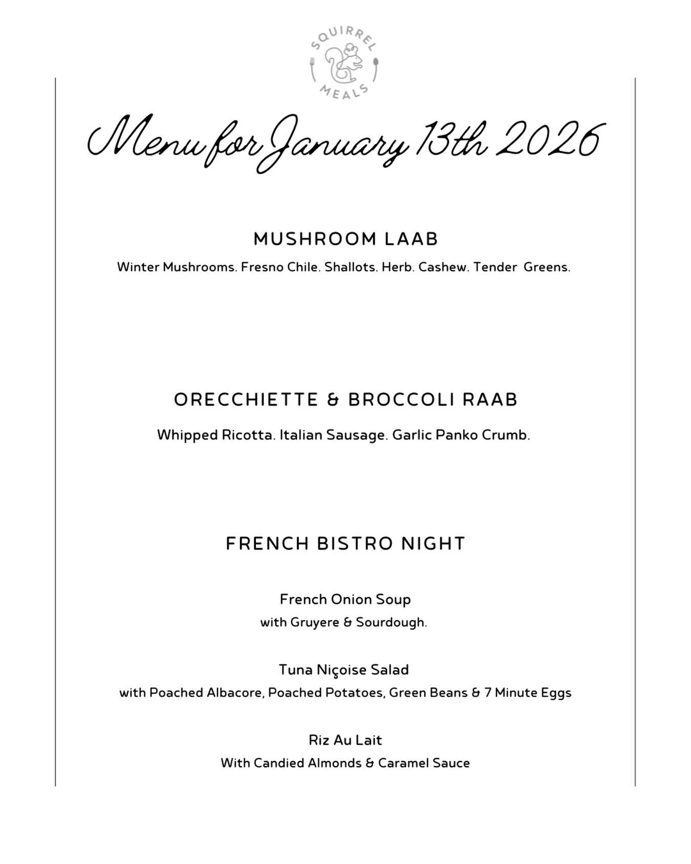 Menu for next Tuesday, January 13th! Store is open for orders! Get em in while you can! Link in bio to order meals for pickup or delivery.