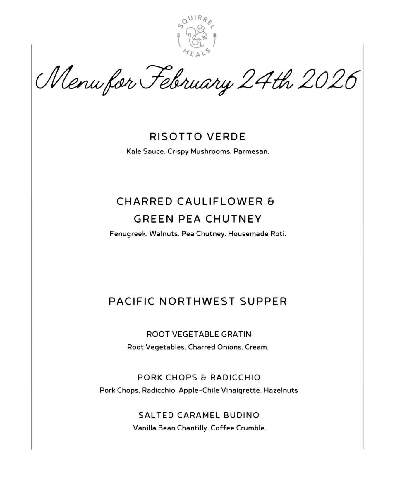 The store is back open! This is next week&rsquo;s menu. Week in, week out, we make some delicious meals that can be delivered to your door step or prepared for pickup in SE Portland. Get your orders in as soon as possible!