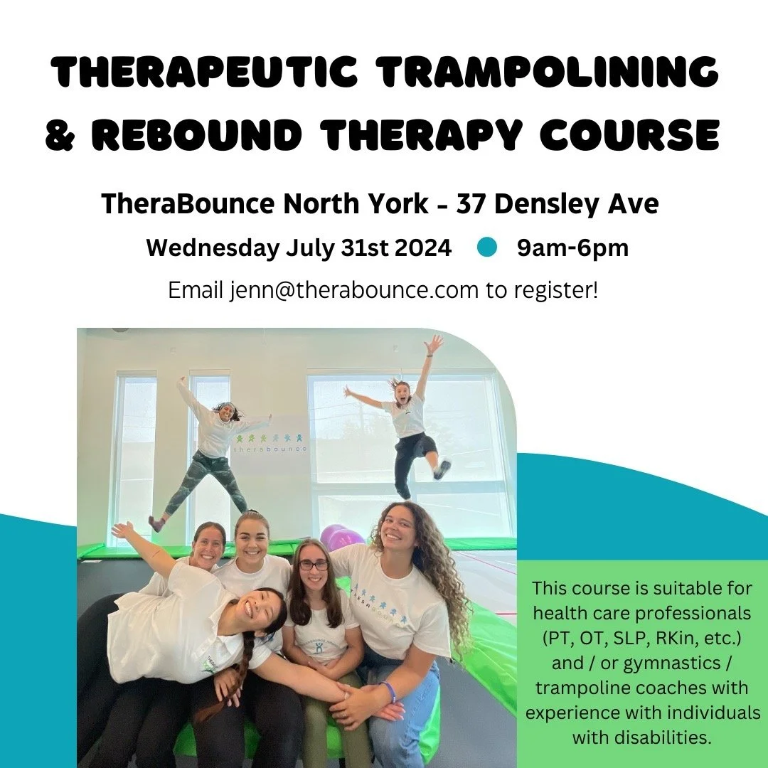 Join us July 31st for a day of bouncing and learning! This Therapeutic Trampolining and Rebound Therapy course is delivered in person at TheraBounce North York. The original Rebound Therapy Practitioner Course was developed by ReboundTherapy.org and