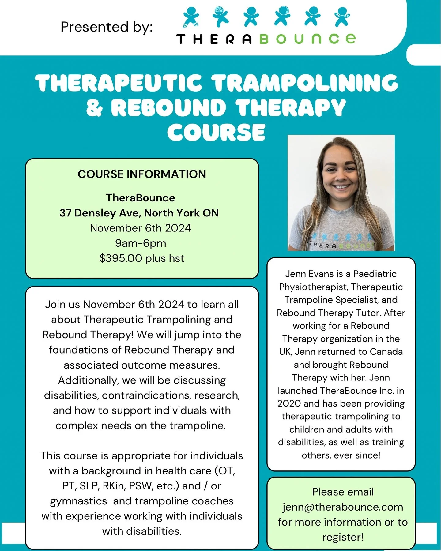 Upcoming in-person course at TheraBounce this November! Only 3 spots remain so register quickly by emailing jenn@therabounce.com!