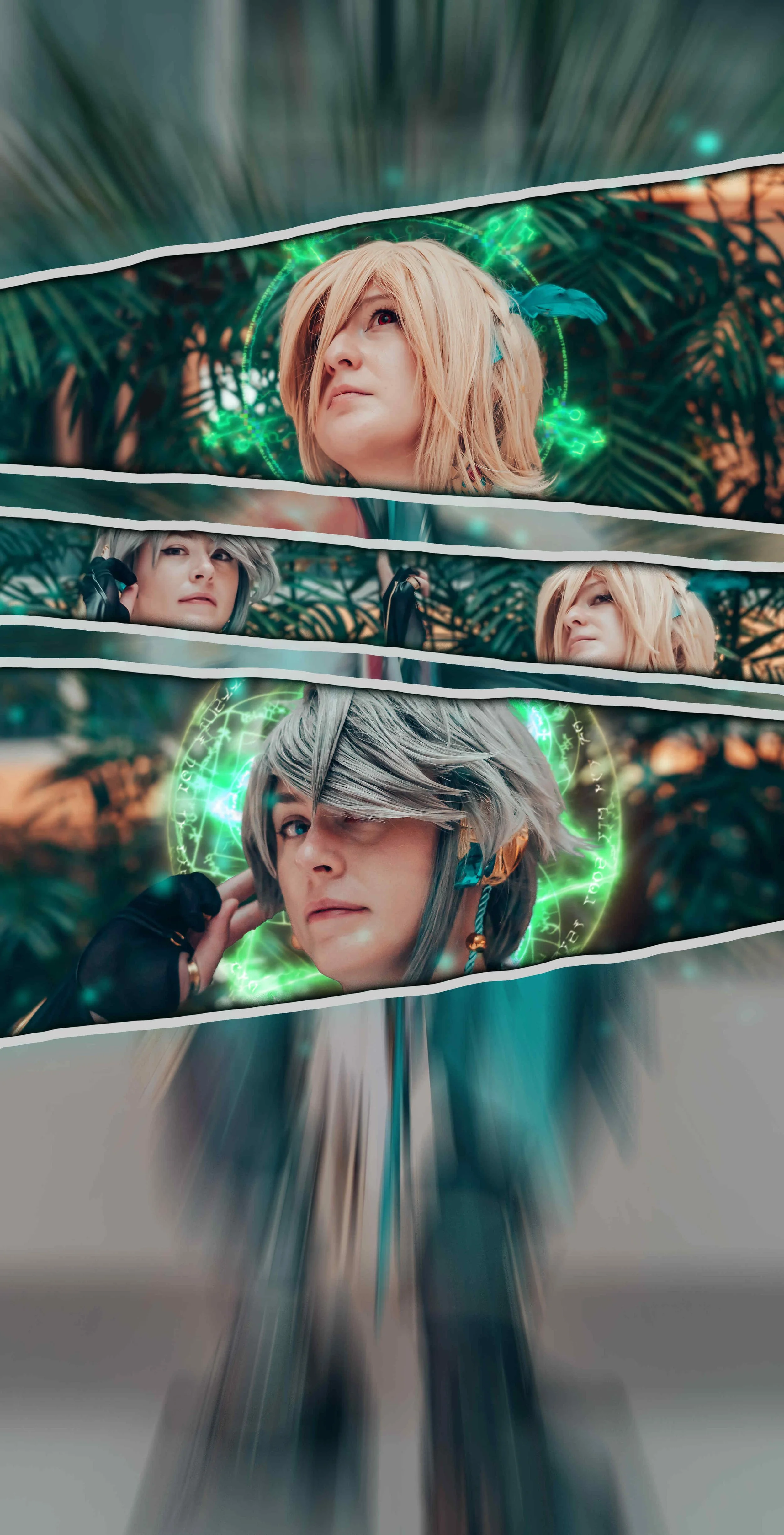 A digital collage featuring three characters with vibrant, glowing green halos and symbolic designs, set against a blurred green and brown jungle background, with a dynamic motion blur effect.