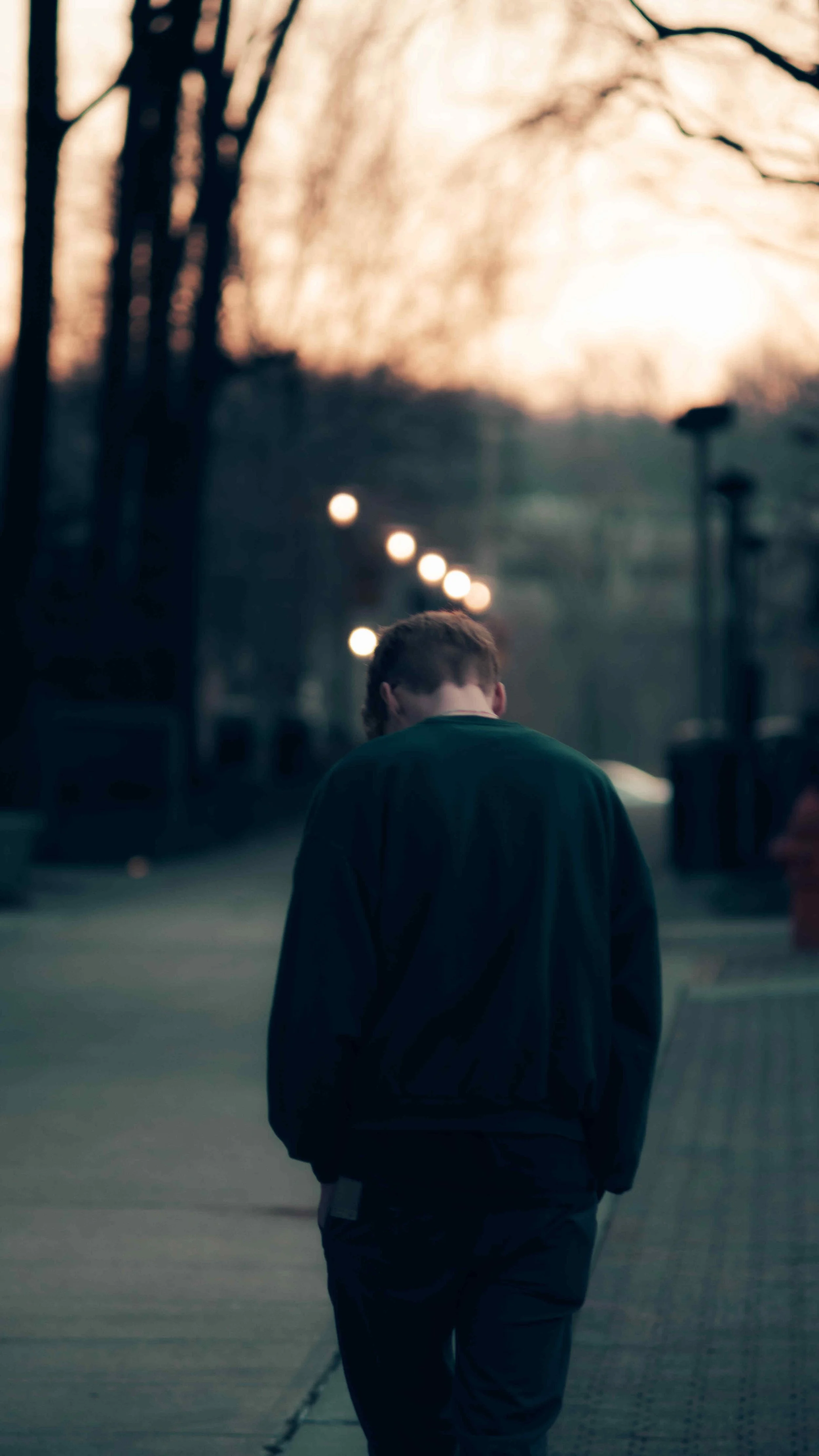 Person walking alone on a dimly lit street during sunset or sunrise, with trees and street lamps in the background.