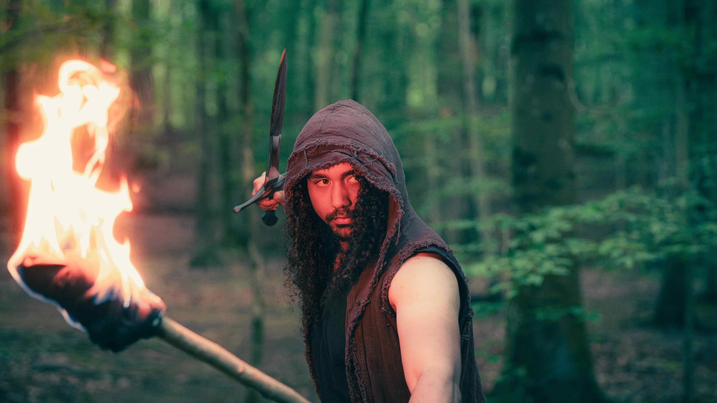 A man with a hood and a beard holding a flaming torch in a forest, preparing for combat or action.