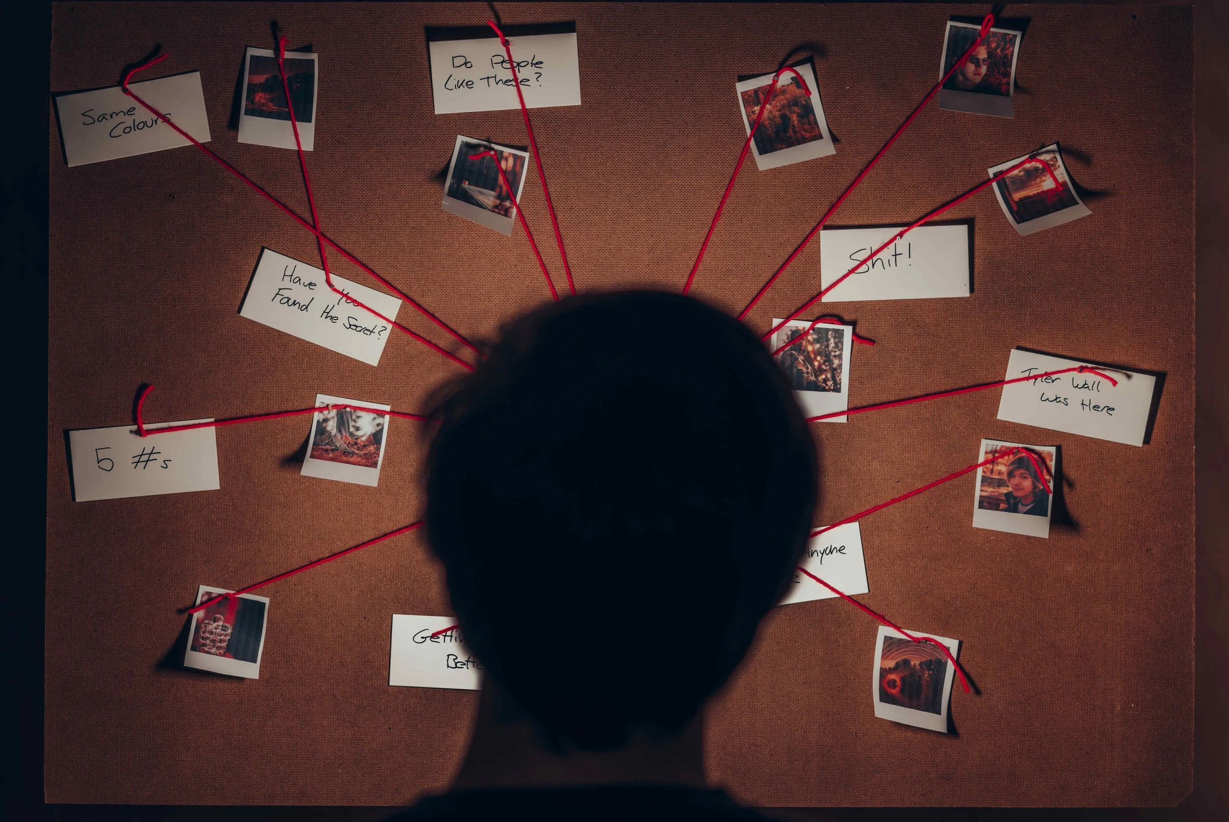 Top-down view of a person with dark hair looking at a corkboard with several photographs and handwritten notes connected by red string. The notes include phrases such as 'Same Colour,' 'Do People Like These?,' 'Have You Found the Secret?,' and 'Shit!