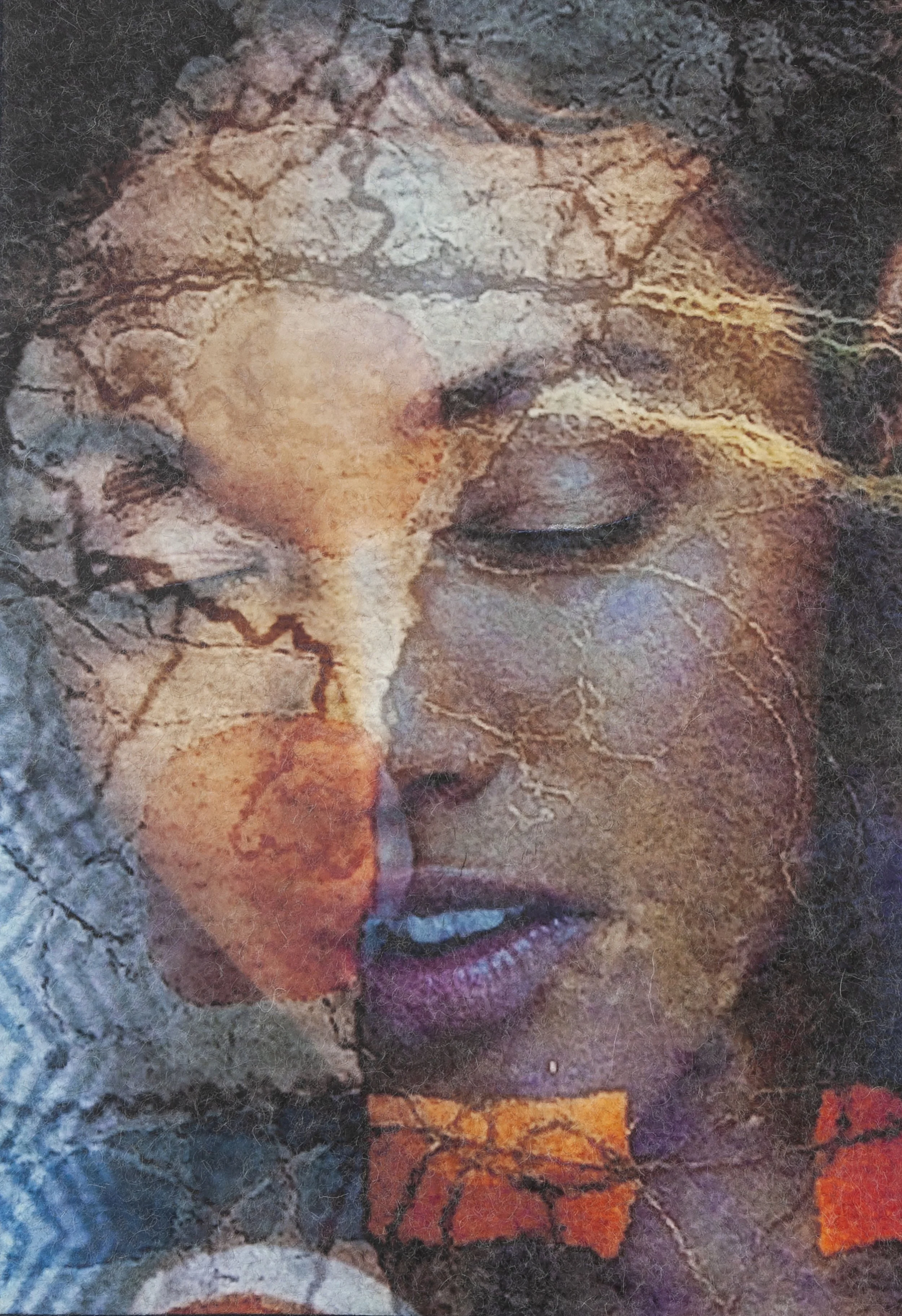 Face it //3, 2021, Nuno Felted Merino Wool on Silk, 114cm x 80cm