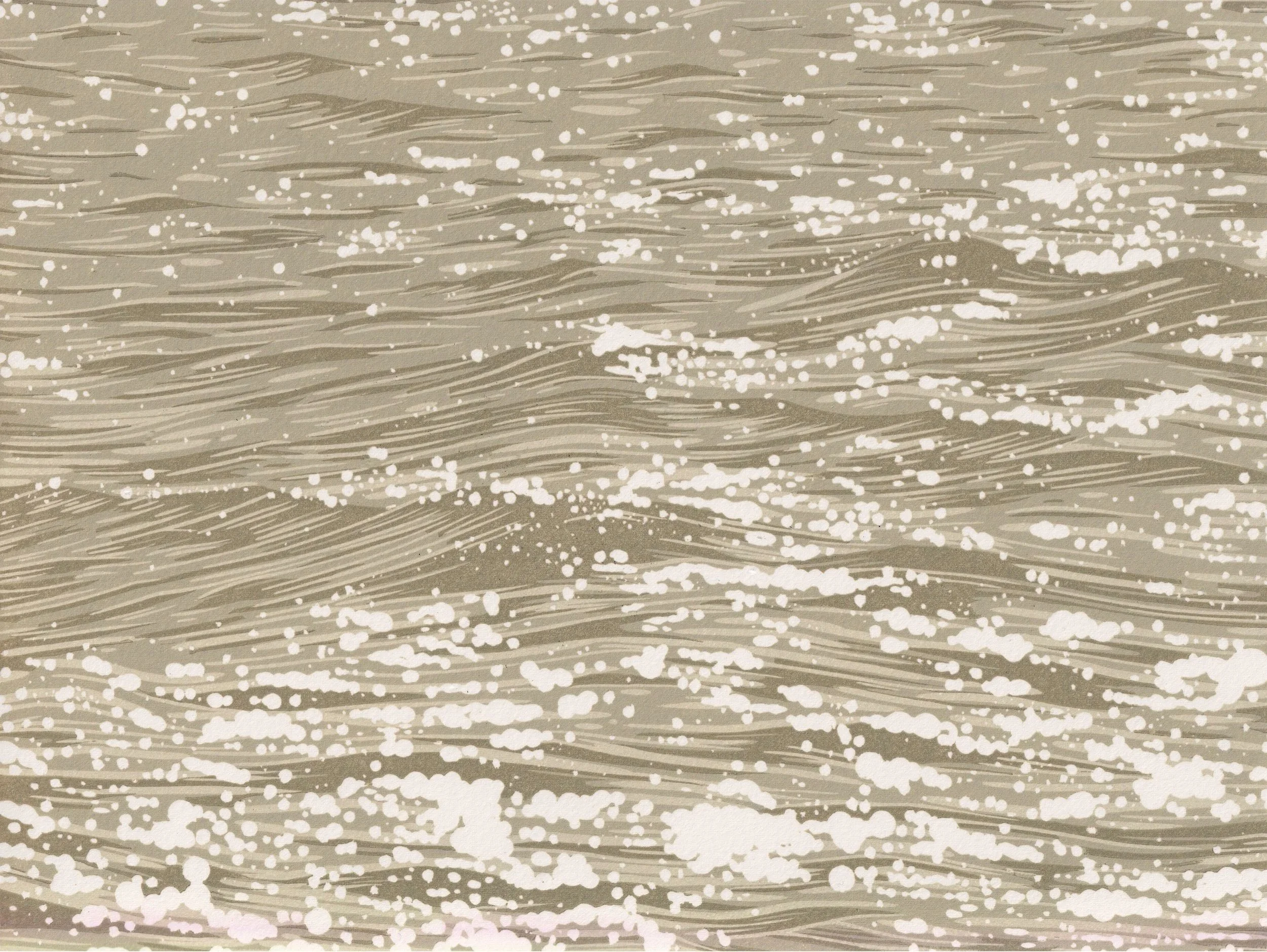 Reduction Linocut  of a water surface with small waves and reflections by artist Megan Hall