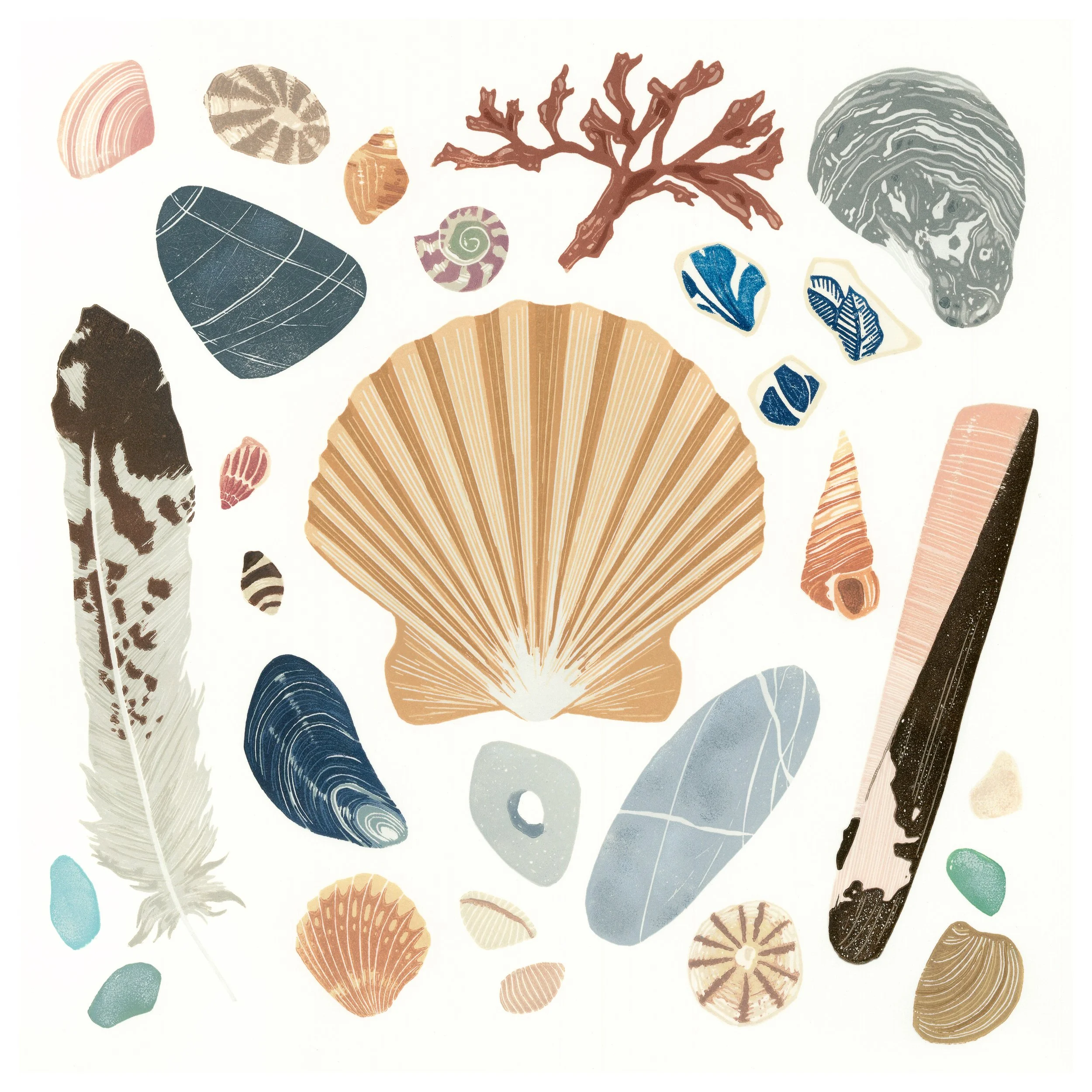 Beachcombing, Reduction Linocut, Megan Hall.jpg