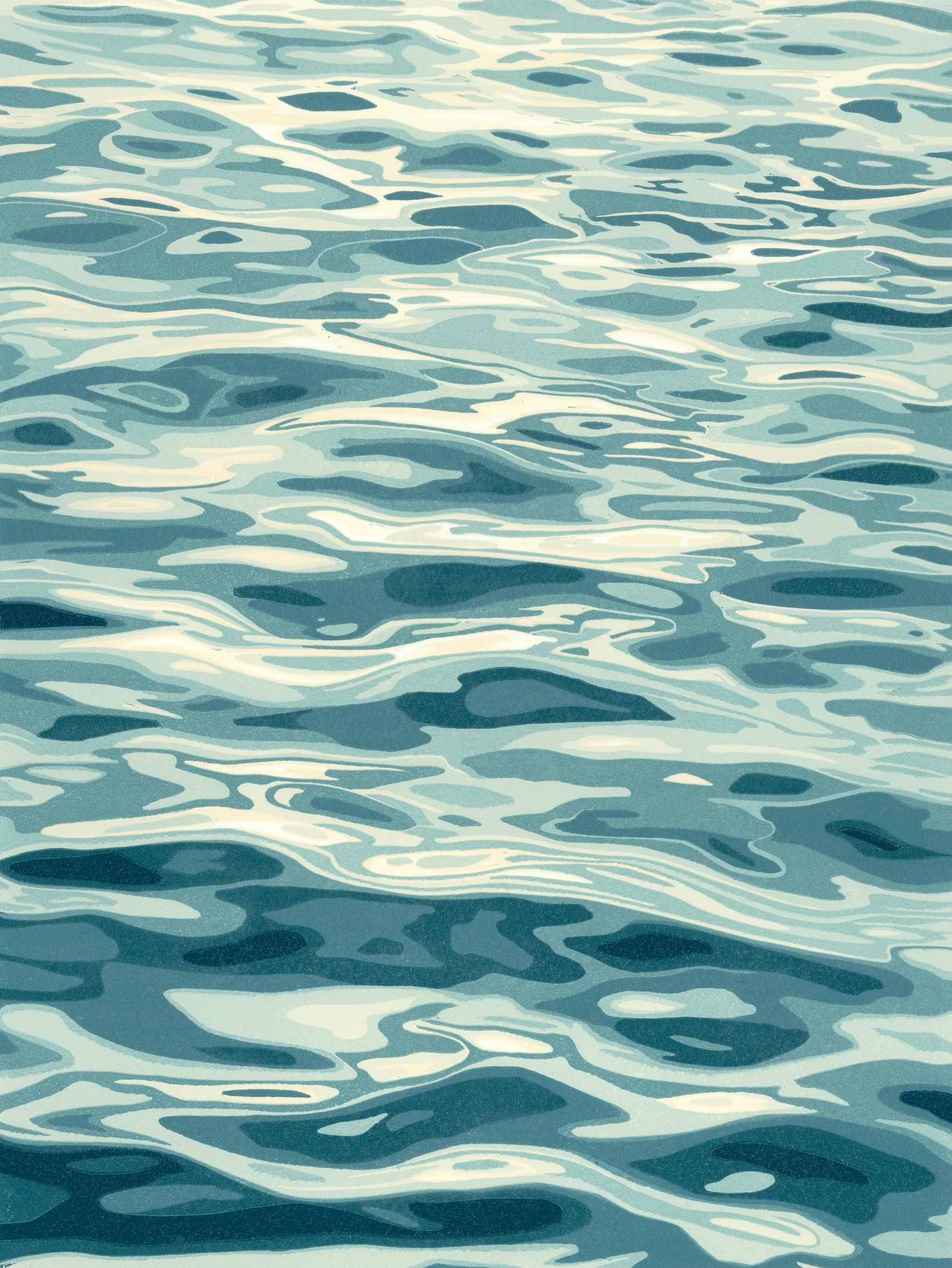Reduction linocut of water with ripples and gentle waves by Megan Hall