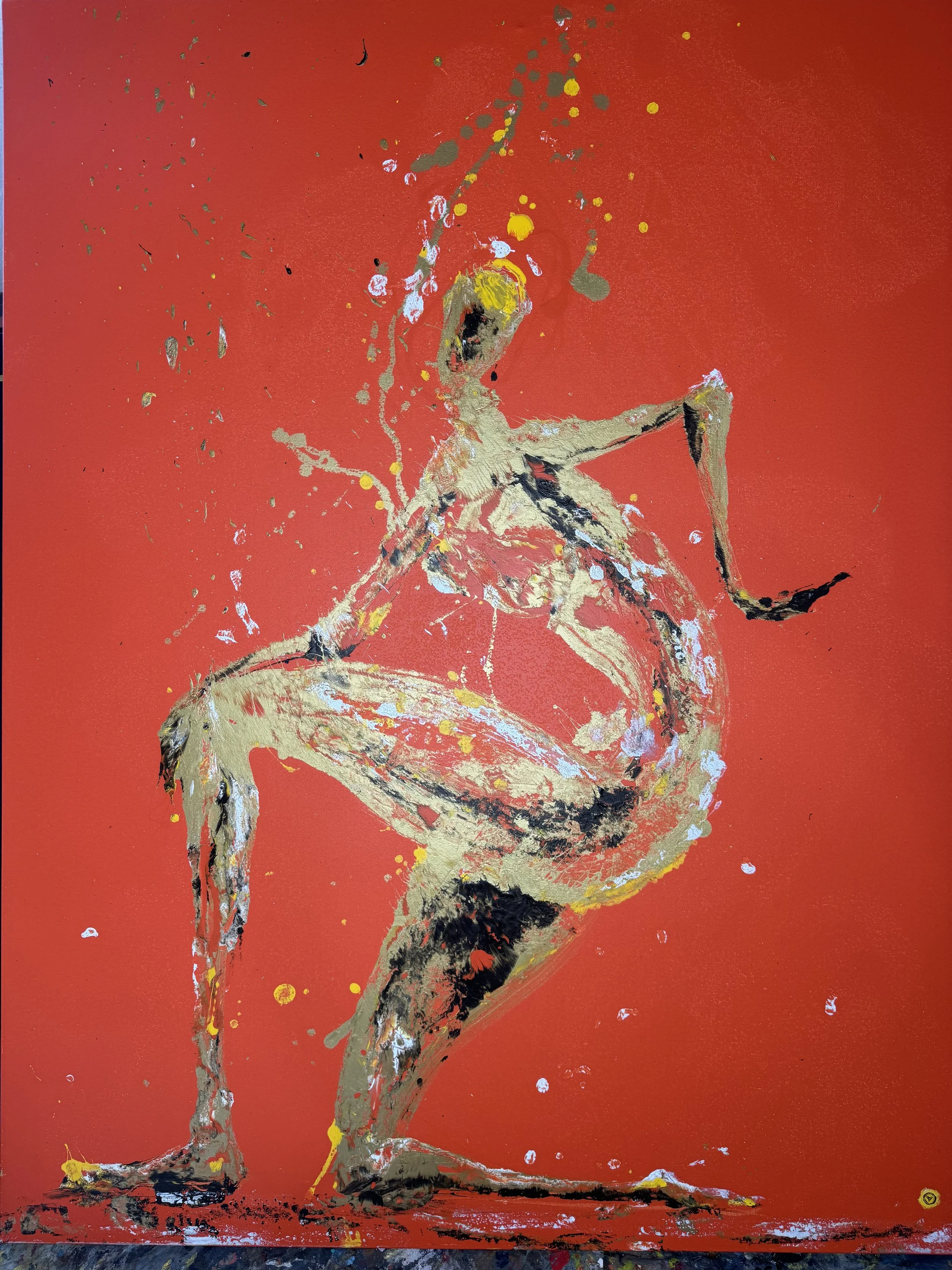 Born from Noise — abstract figurative painting with dark forms and white splatters on a red background by Yücel Erdogan