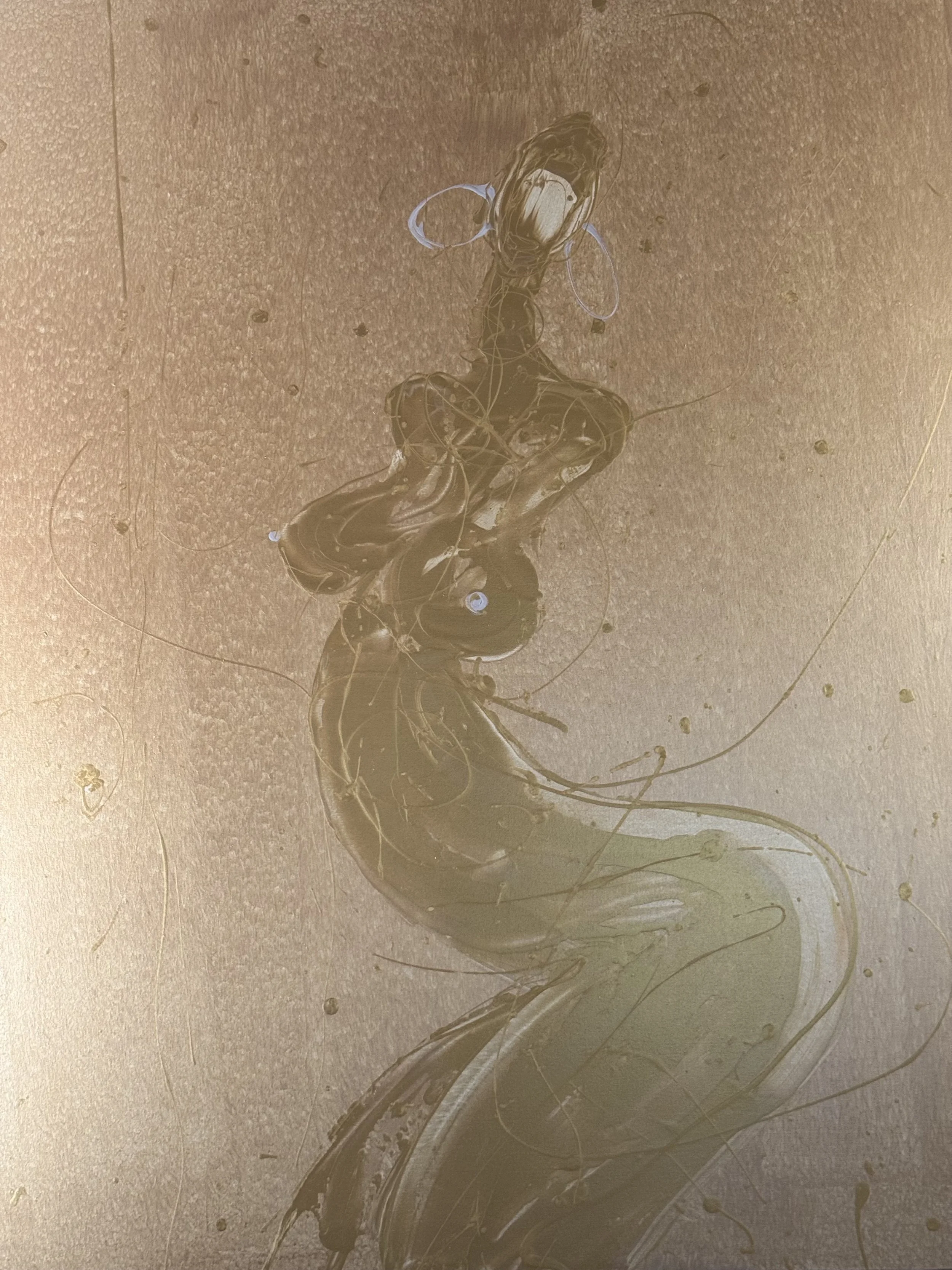Golden Fever — abstract figurative painting with flowing brown and gold forms on a beige background by Yücel Erdogan