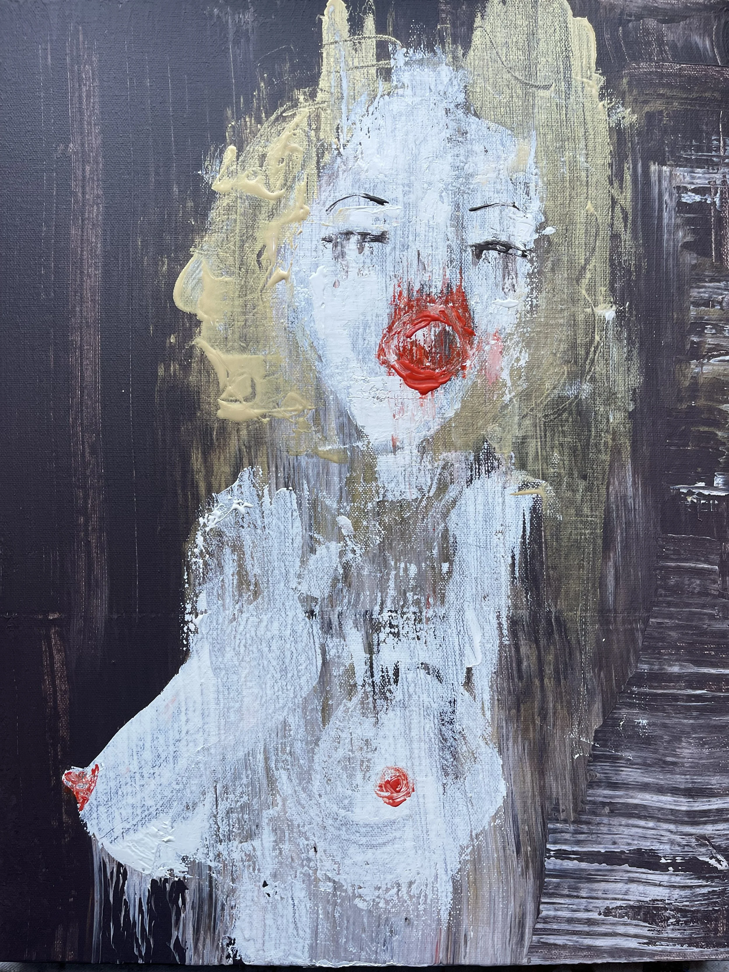 Portrait of a woman with white face paint, red lipstick, and red roses on her dress, painted with expressive brushstrokes on a textured canvas.