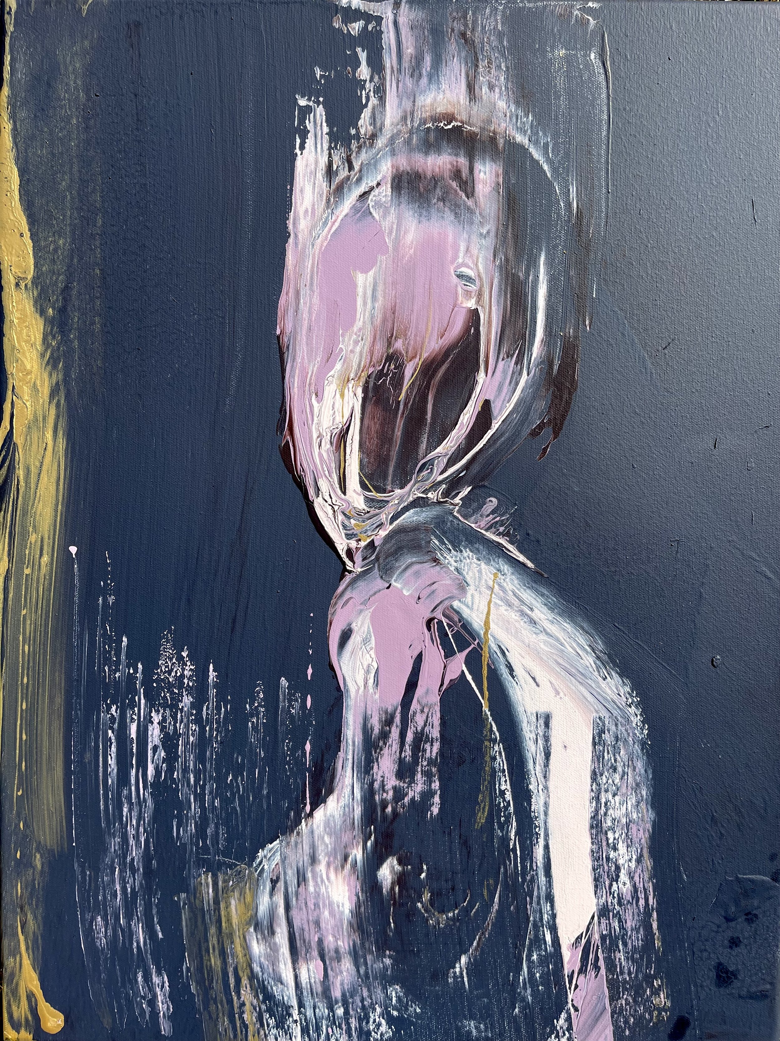DELIRIUM — abstract painting of a face in pink, white, and dark colors on a textured canvas with a vertical stripe by Yücel Erdogan