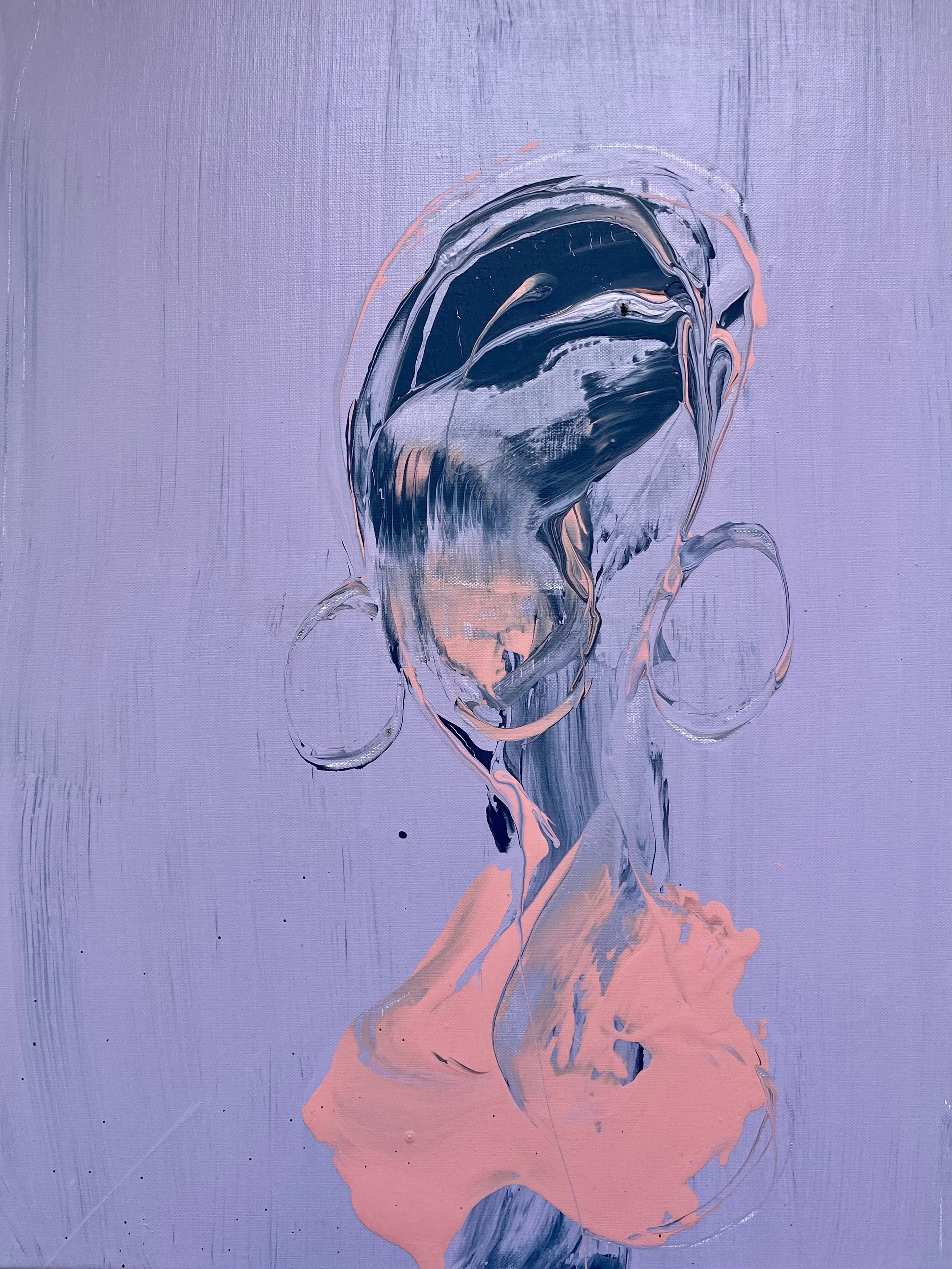Abstract portrait painting with swirling lines and pastel colors on a purple textured background.