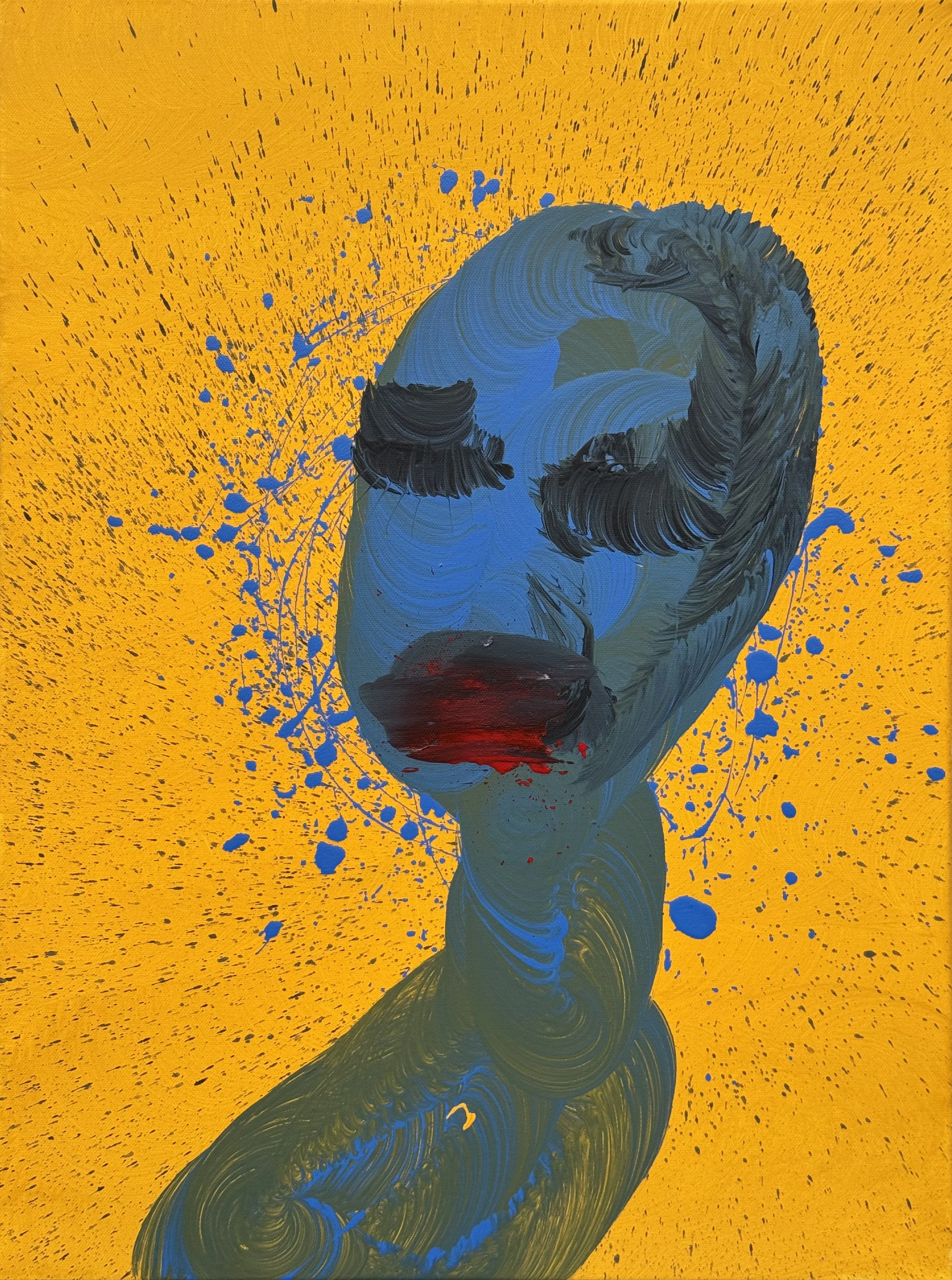 SWOON — abstract painting of a blue figure with a red mouth on a yellow splattered background by Yücel Erdogan