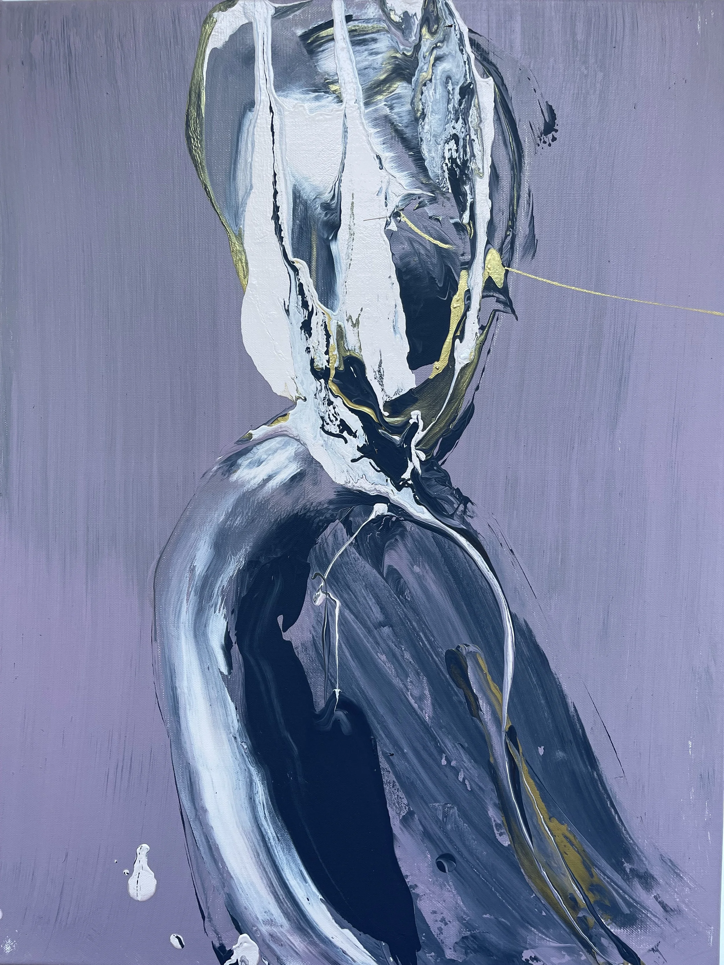 Abstract painting with swirling shades of purple, white, black, and hints of gold, featuring flowing and textured brushstrokes.