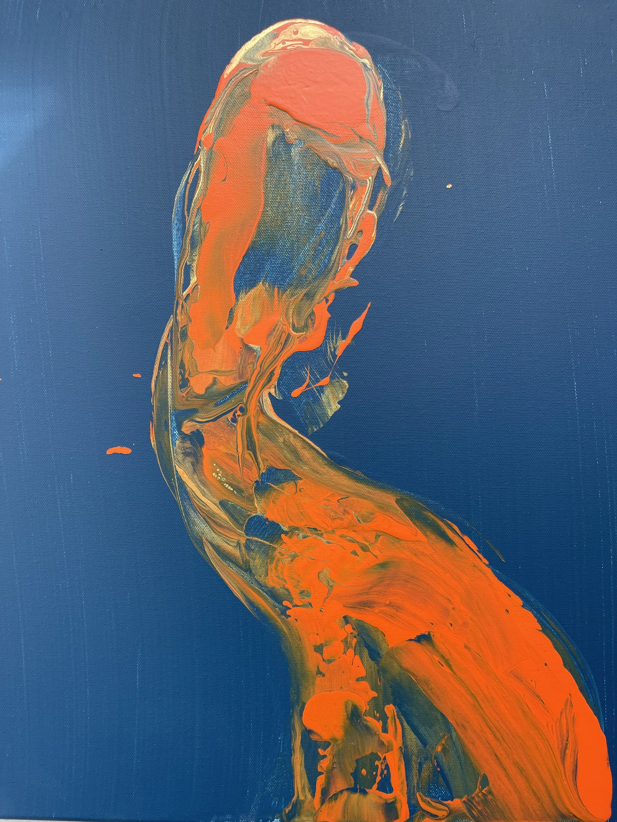 An abstract painting of a human head and shoulder with flowing orange, blue, and gold colors against a dark blue background.