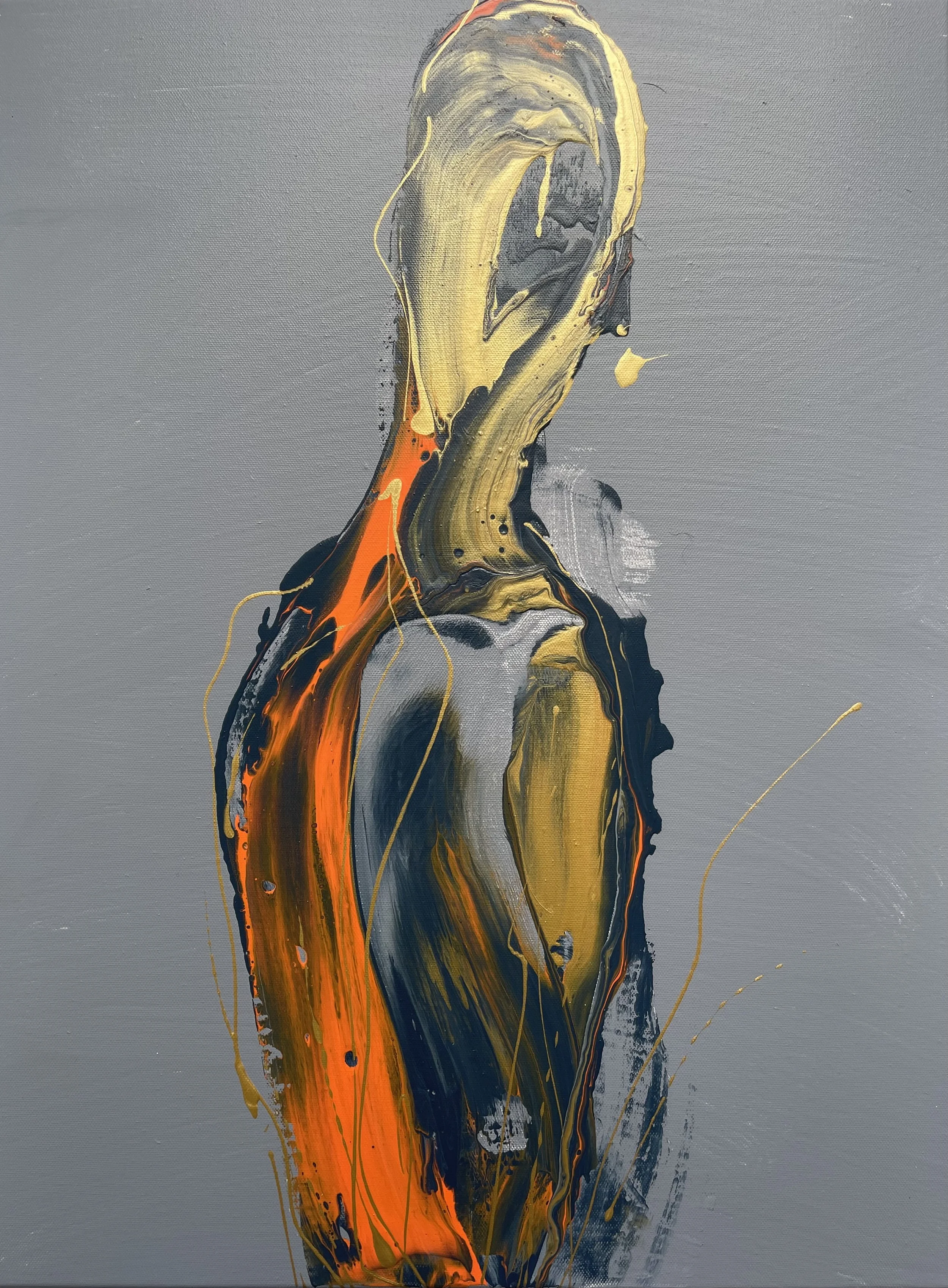 Abstract painting with a vertical streak of orange, black, and gold paint on a gray background.