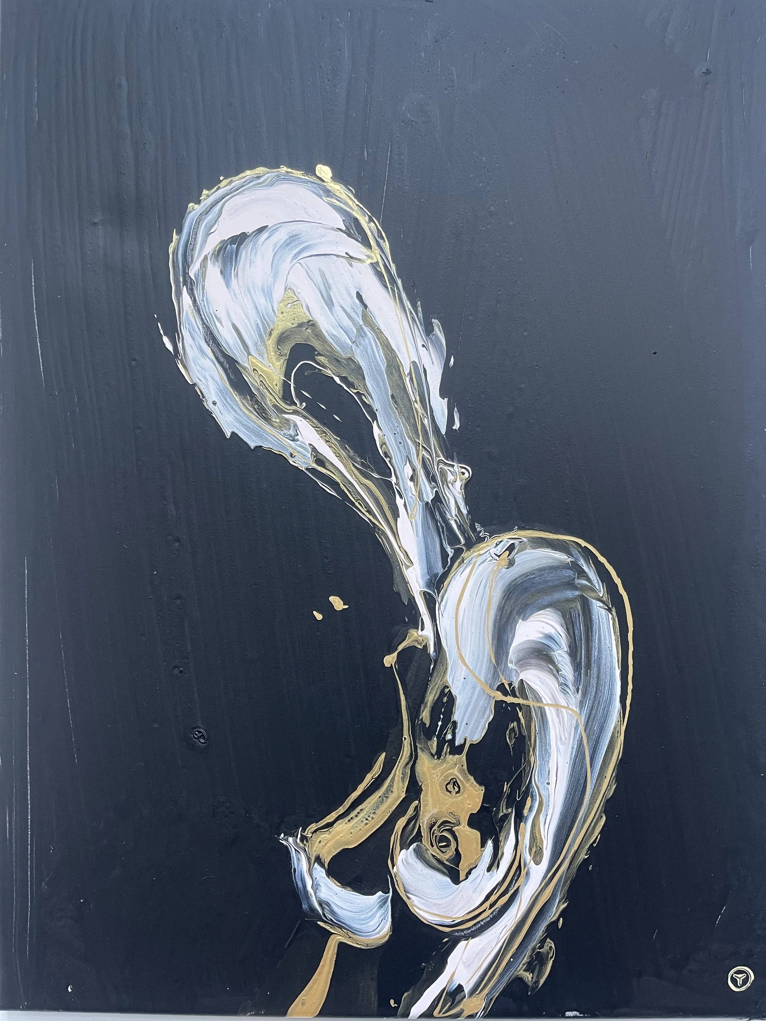 Abstract painting with swirling white, gold, and gray strokes on a black background.