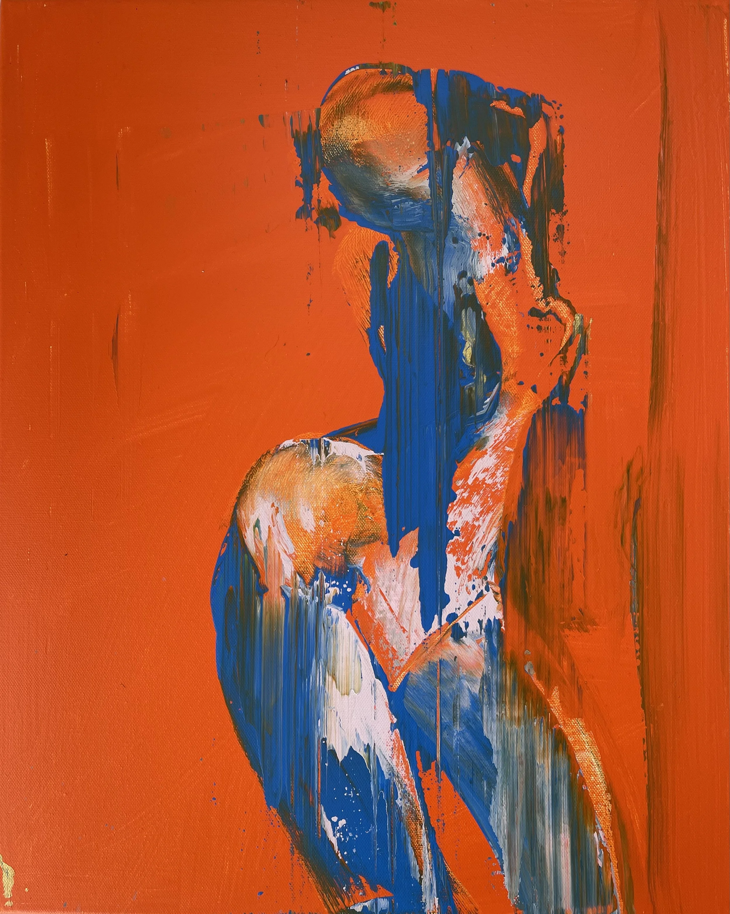Abstract painting of a woman with a bun hairstyle, painted in bold blue, orange, and white brushstrokes on an orange background.