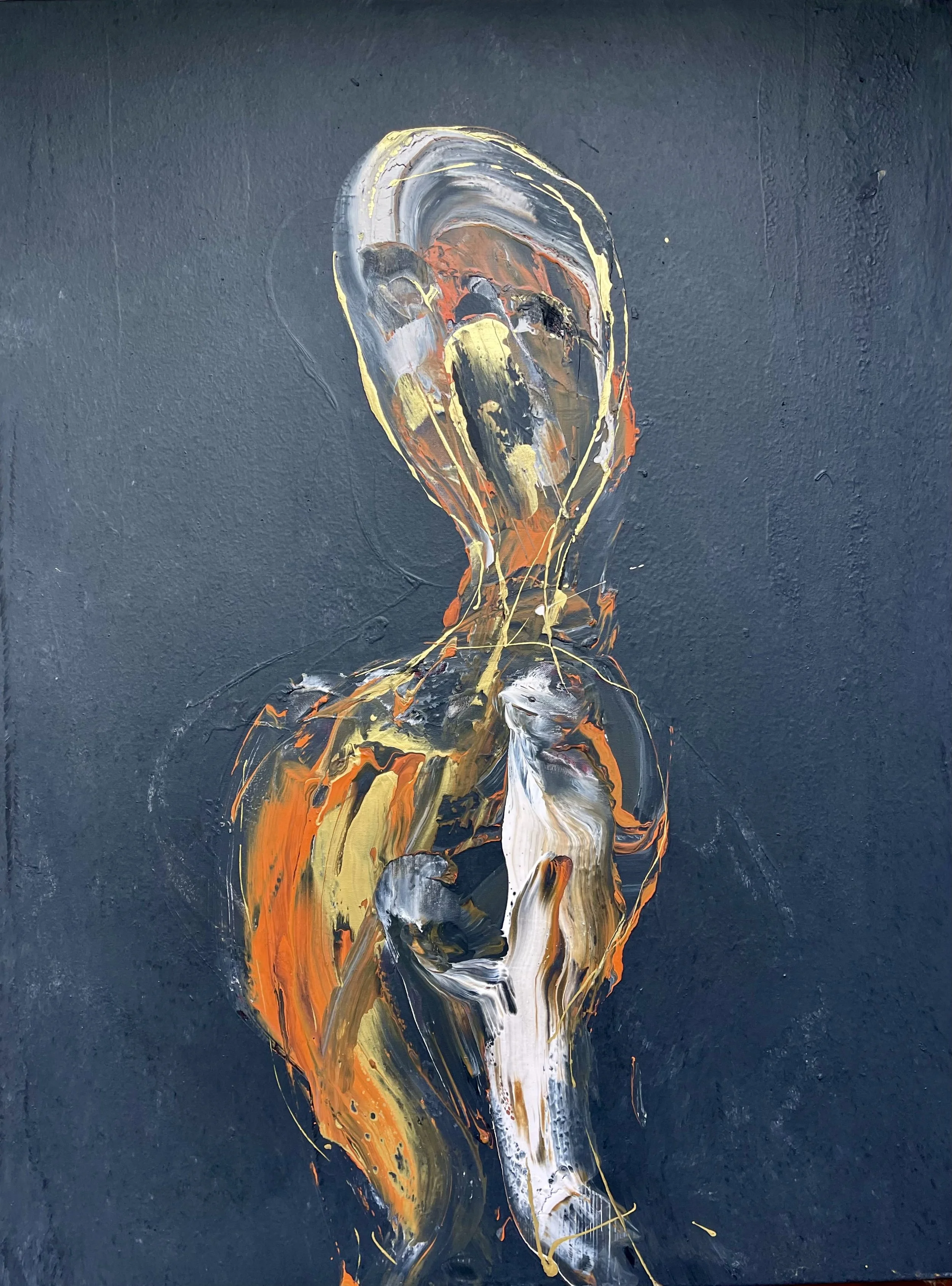 Abstract painting of a human-like figure in orange, black, white, gray, and gold colors on a dark background.