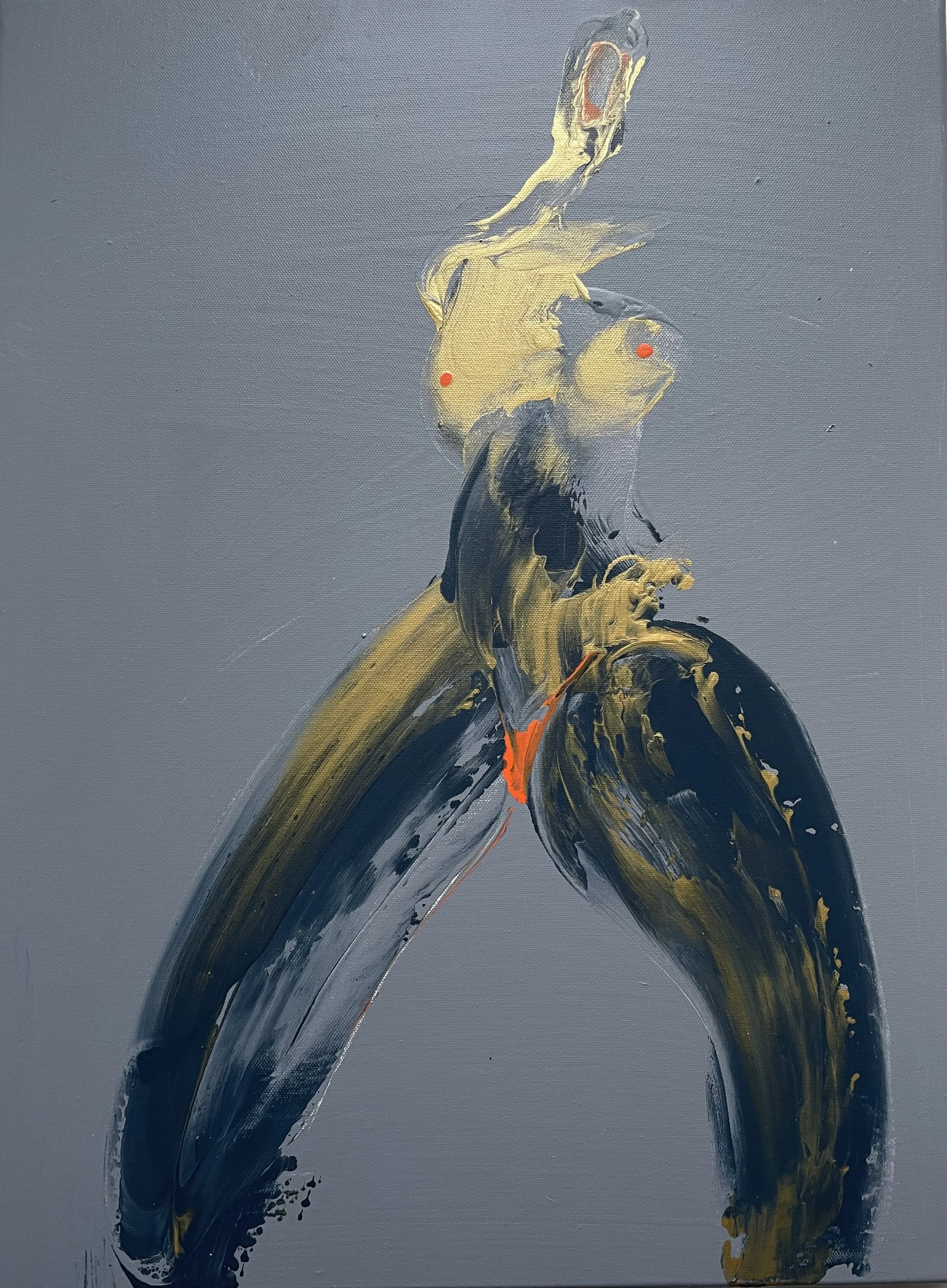 Abstract painting with bold black and gold strokes on a gray background.