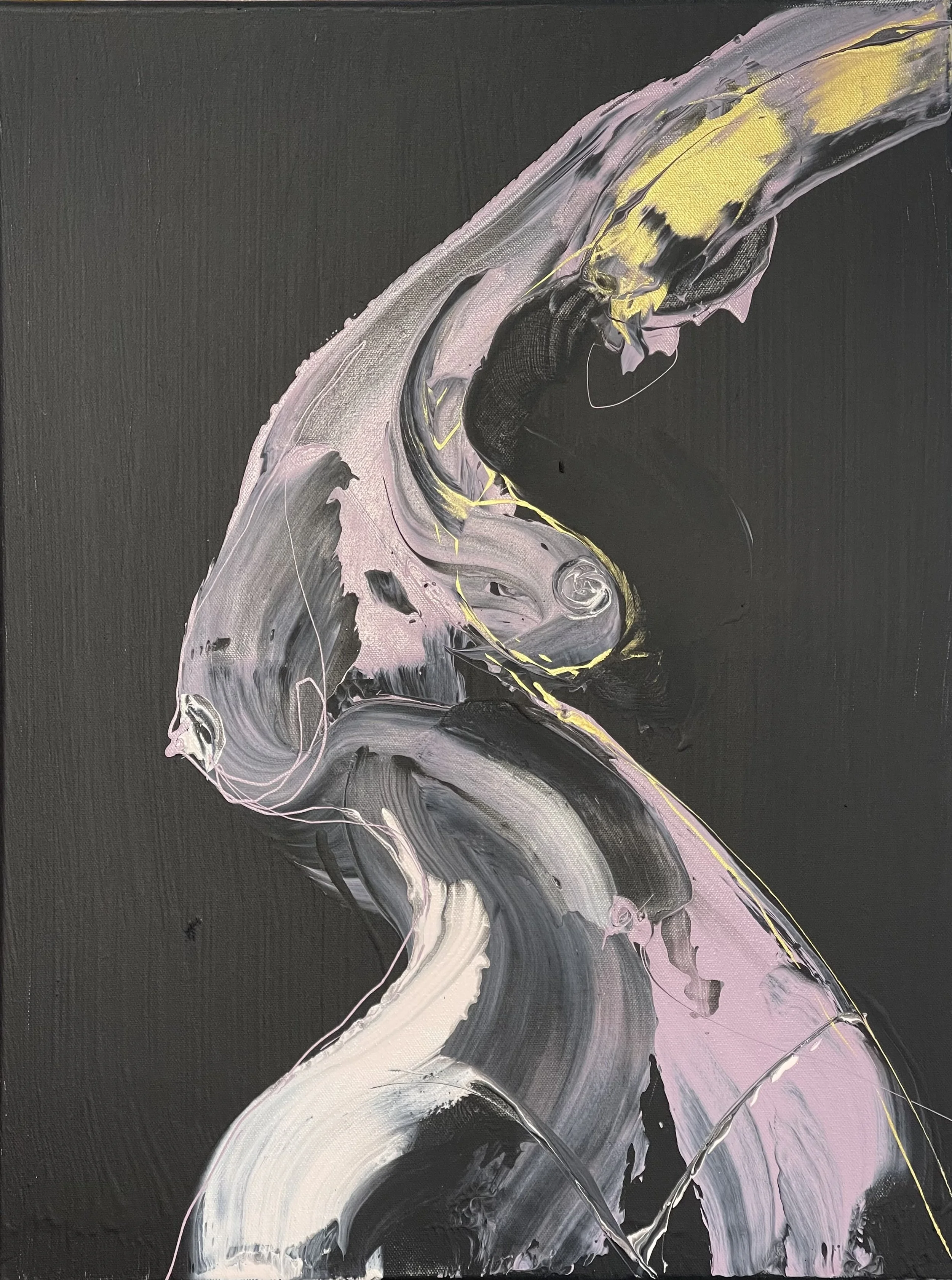 Abstract acrylic painting with swirling strokes of black, white, pink, and yellow hues on a dark background.
