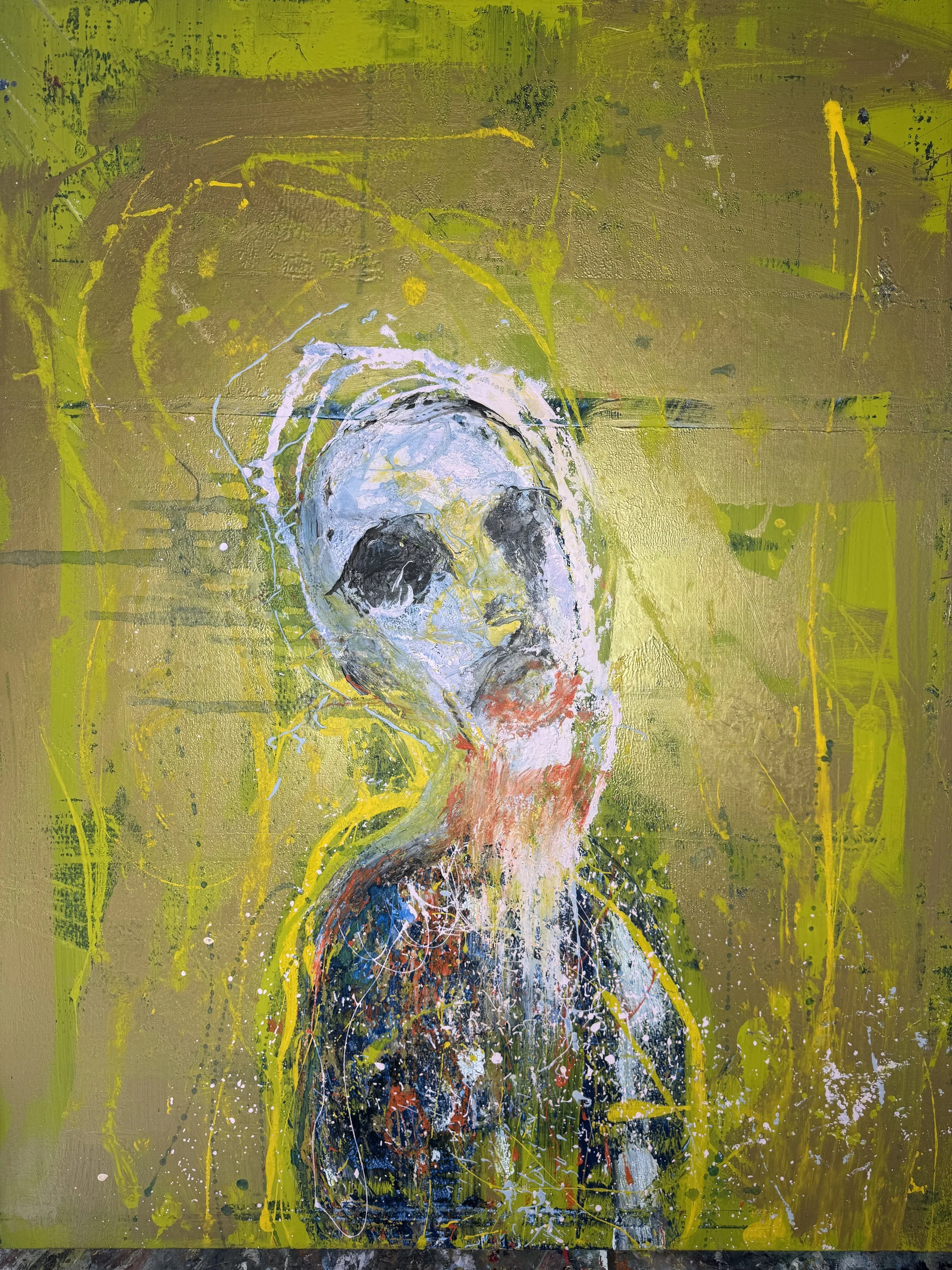 Don't Look Away — abstract figurative painting with dark forms on a green and yellow background by Yücel Erdogan