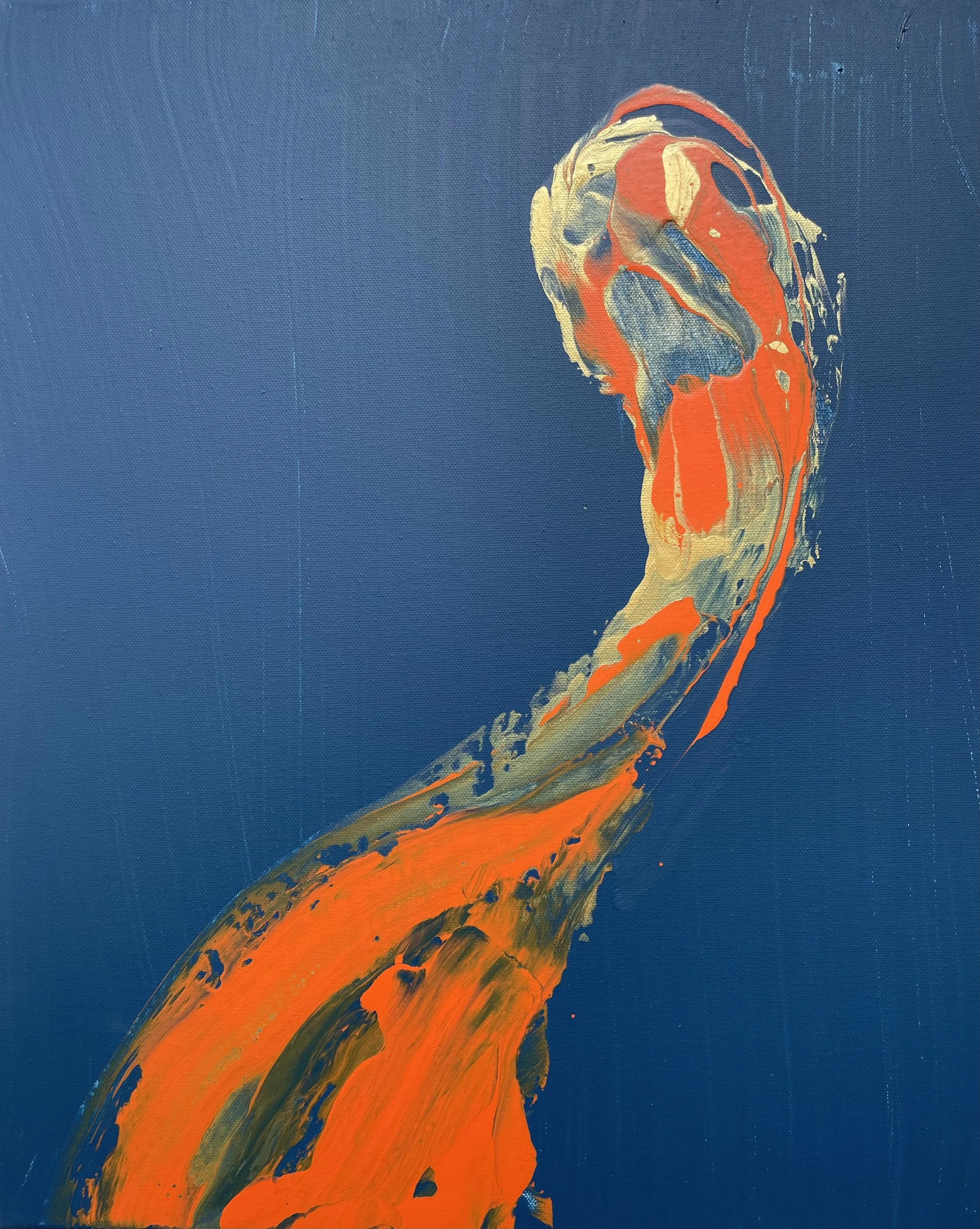 Abstract painting of a flamingo with a deep blue background.