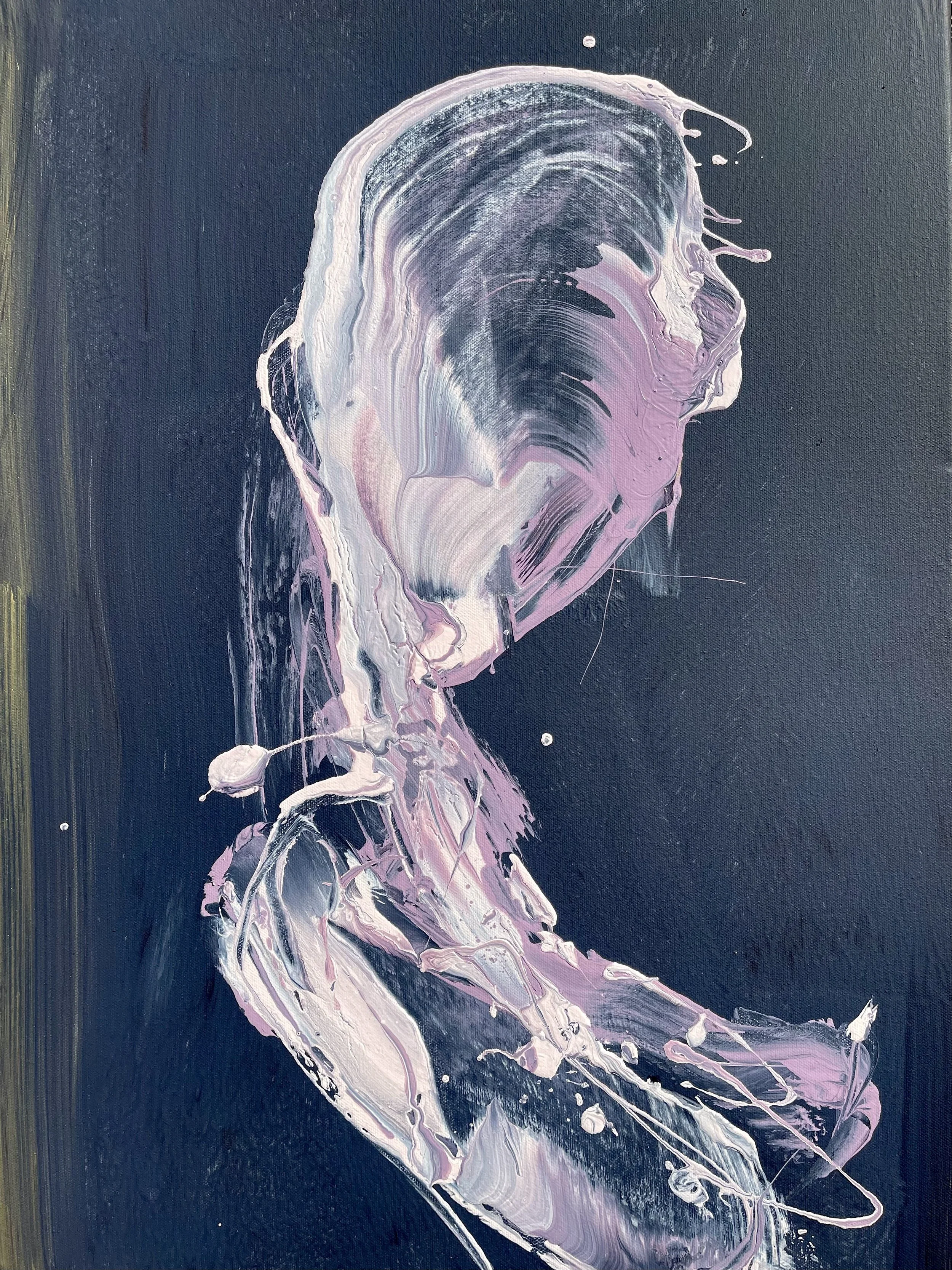 HUNGER — abstract painting of a woman with flowing hair in profile against a dark background by Yücel Erdogan