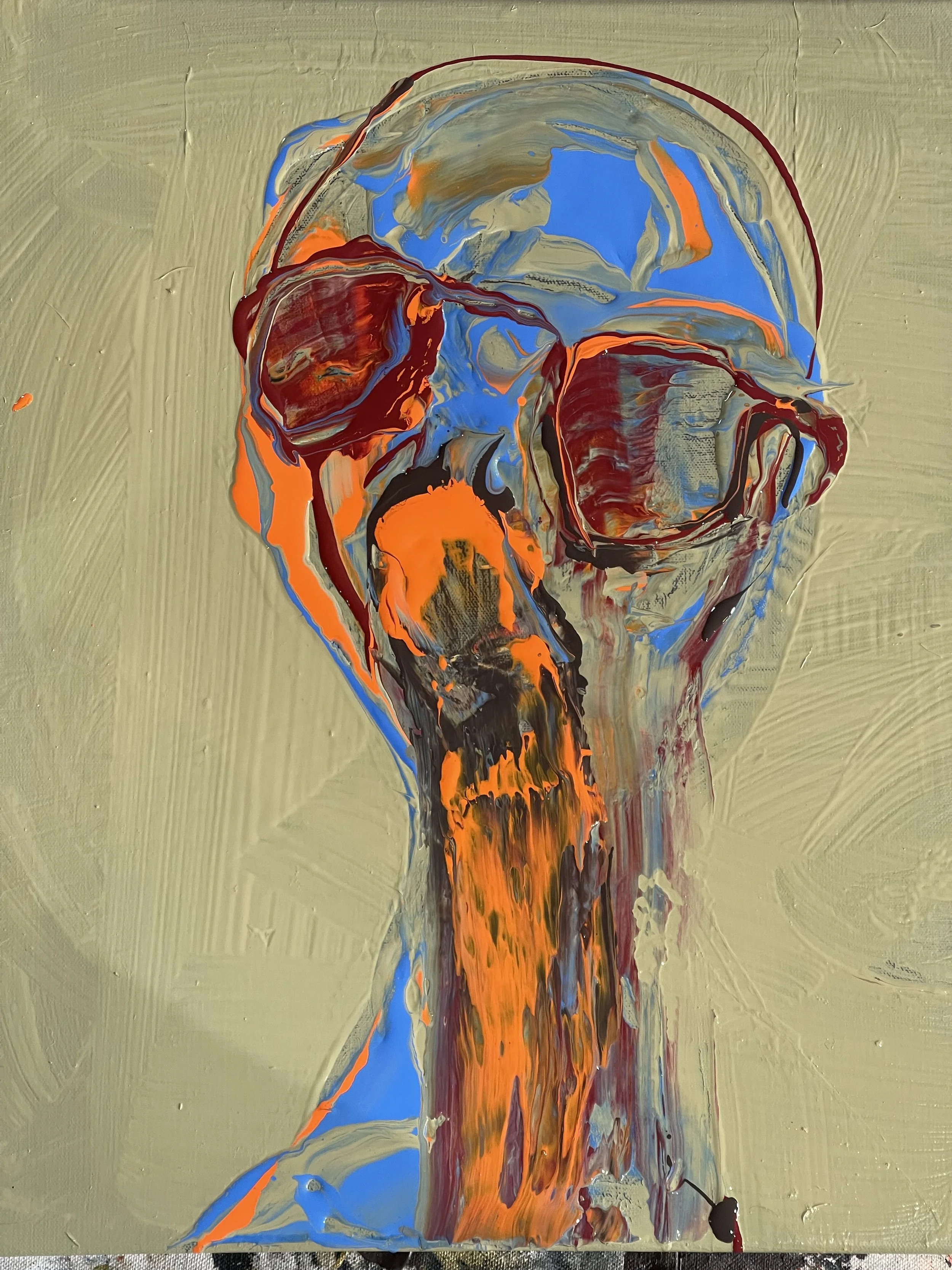 An abstract painting featuring a skull with vivid colors including orange, red, black, and blue, set against a textured beige background.