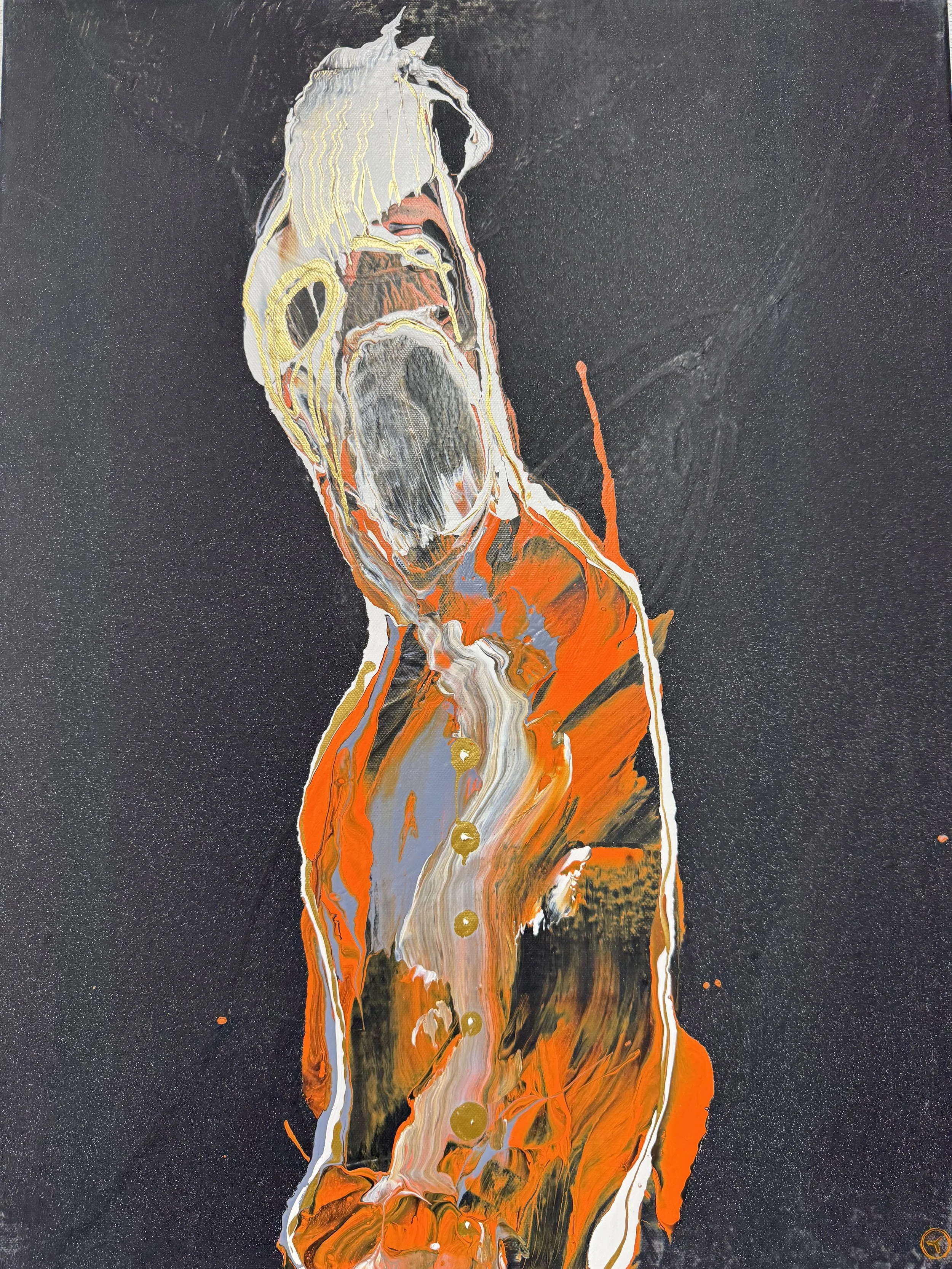 Abstract painting of a horse's head created with swirling, flowing colors including black, white, orange, yellow, for the mane and details, on a dark textured background.