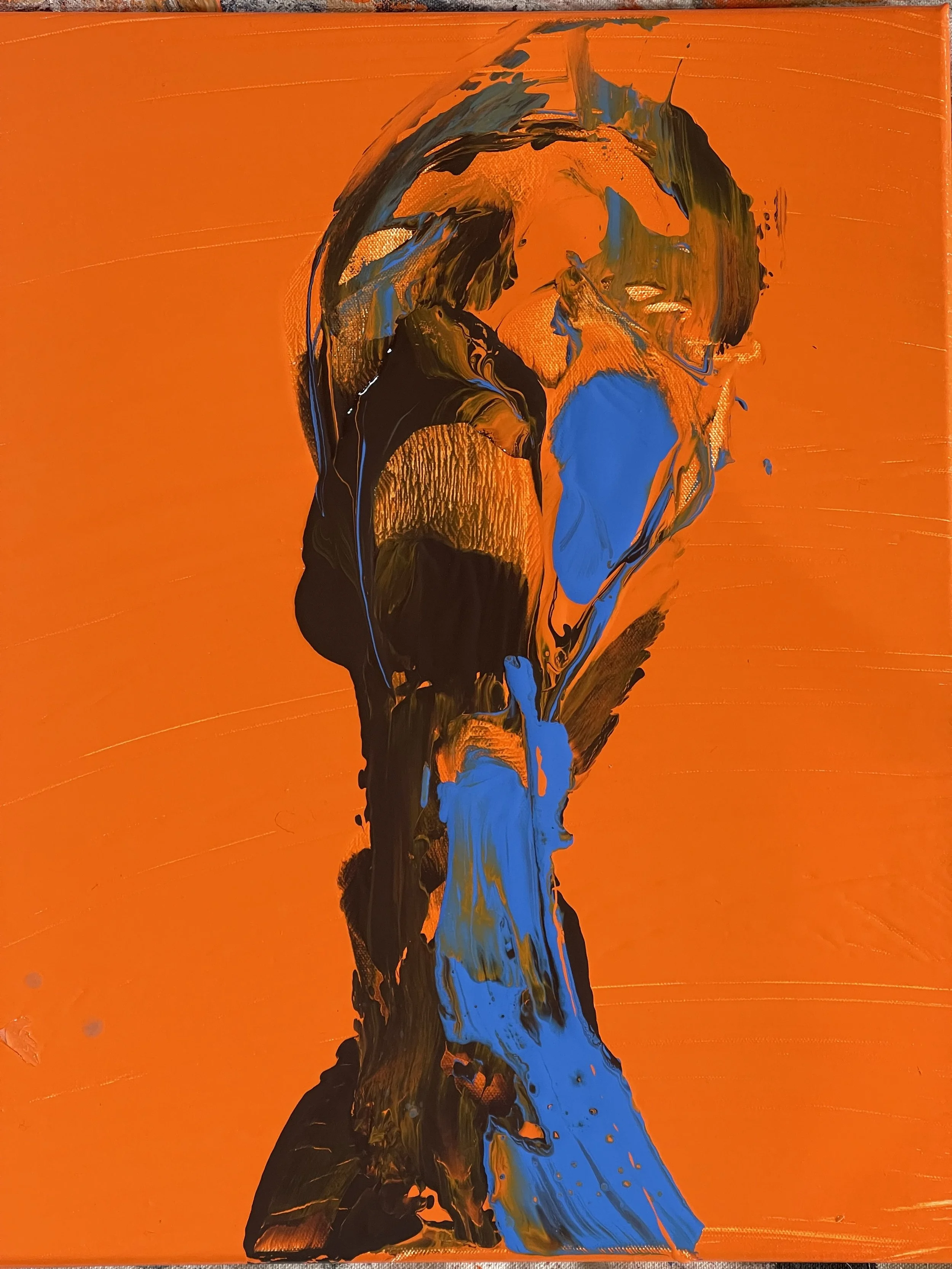 Abstract painting with black, blue, yellow, and orange colors on a bright orange background.