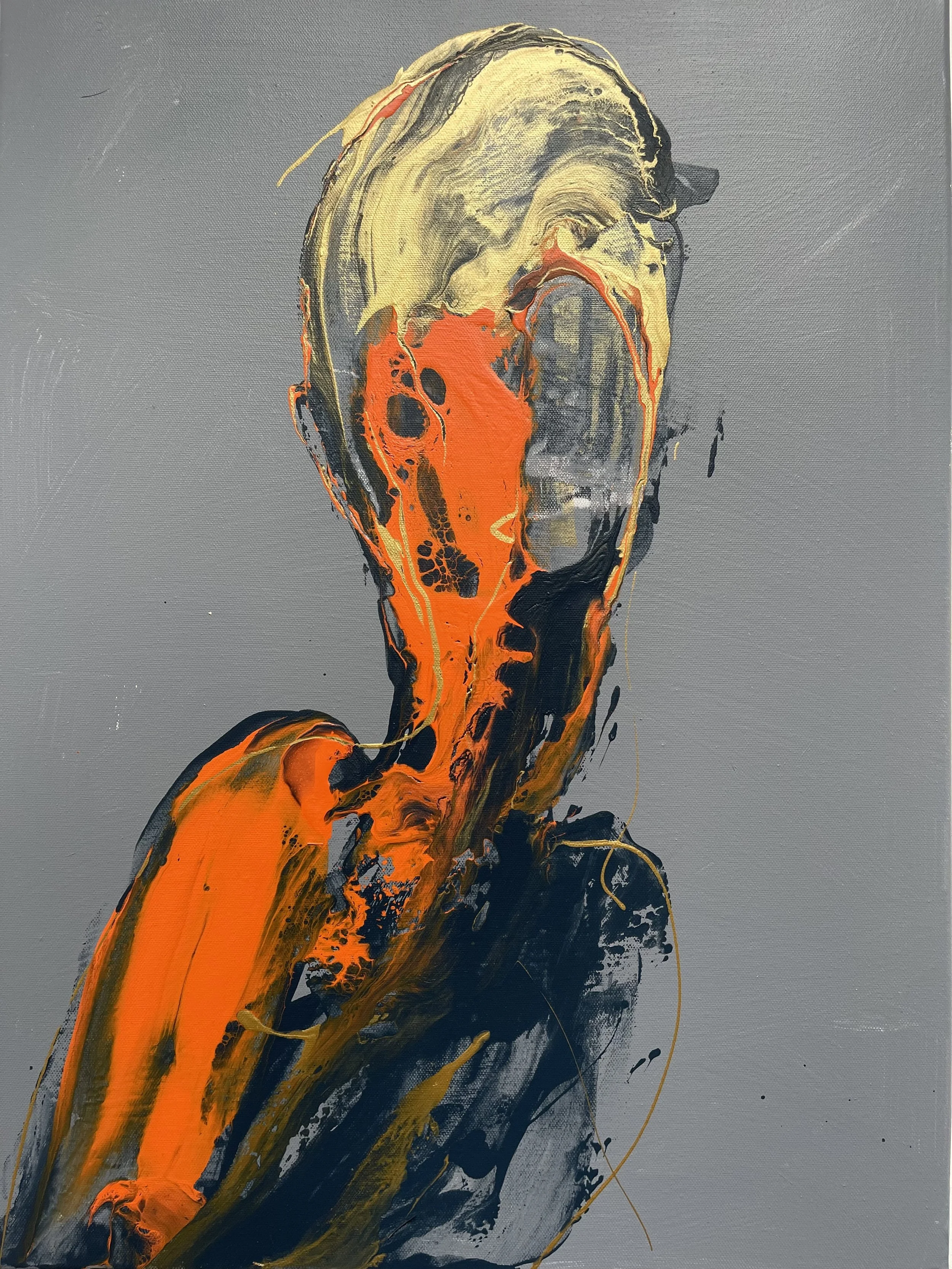 Abstract painting of a human figure, with orange, black, and beige colors on a gray background.