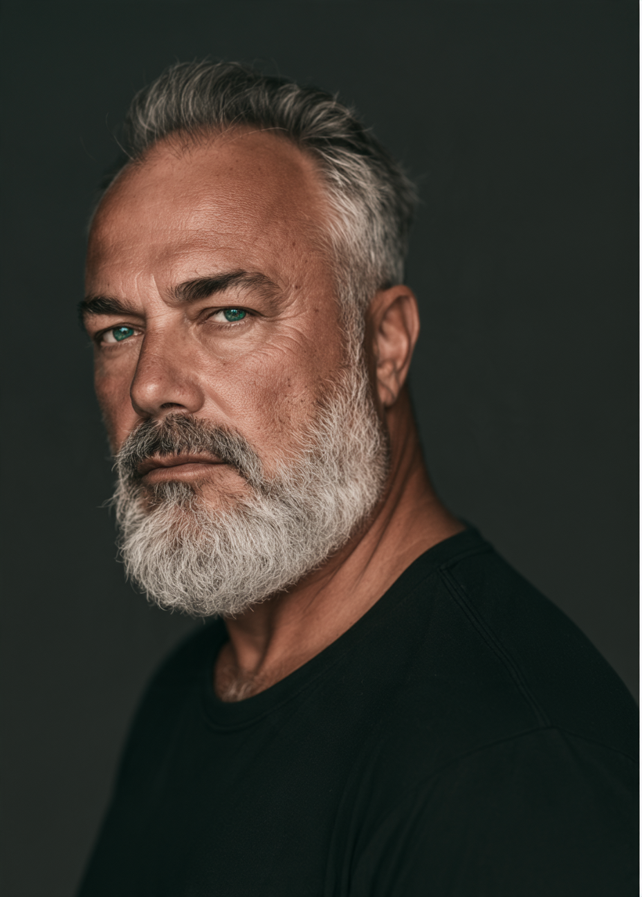 Close-up portrait of an older man with gray hair and beard, wearing a black shirt, looking serious against a dark background.